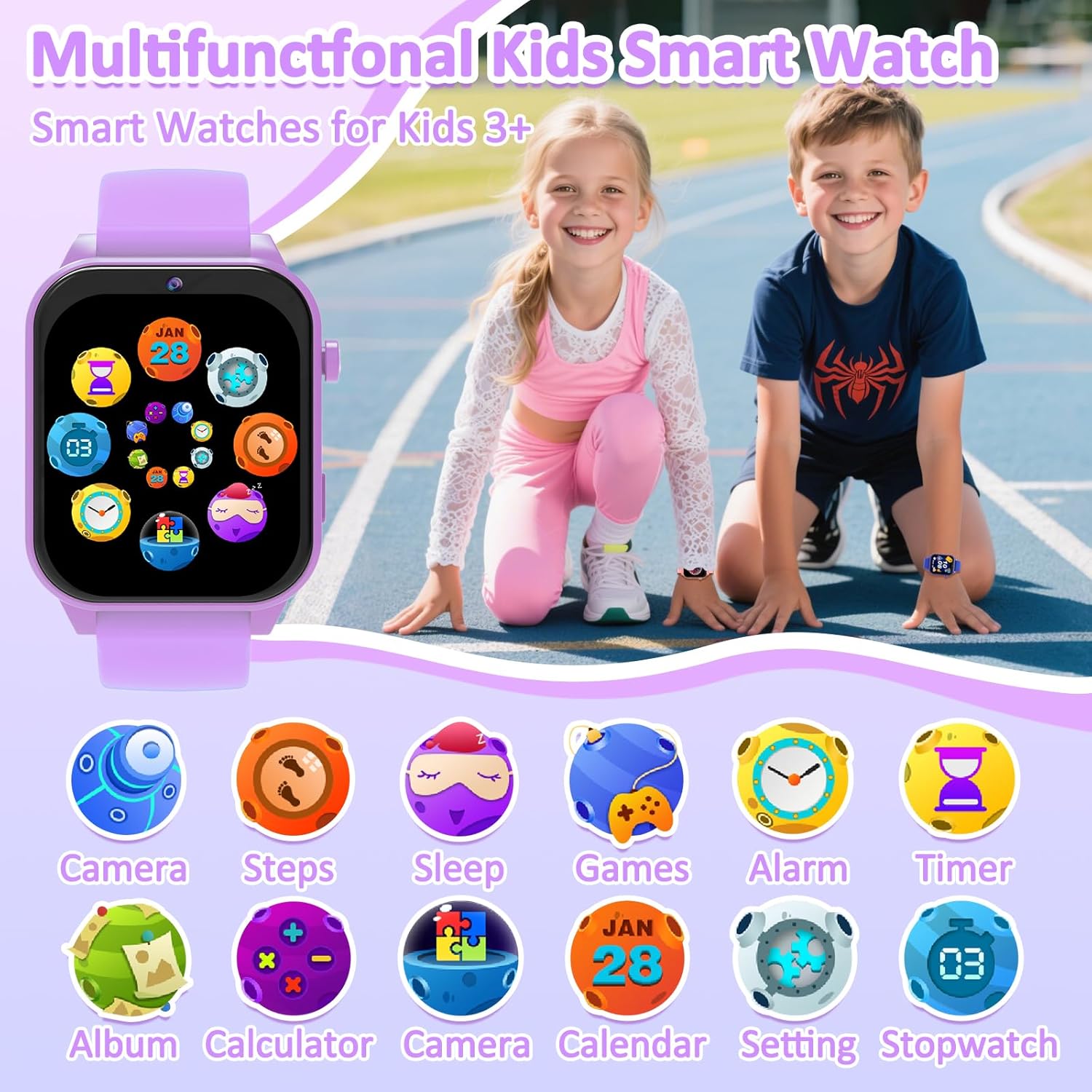 Thumbnail 2 de kaacly Kids Smart Watch for Girls and Boys (Purple) with DIY face, steps counter and sleep monitoring