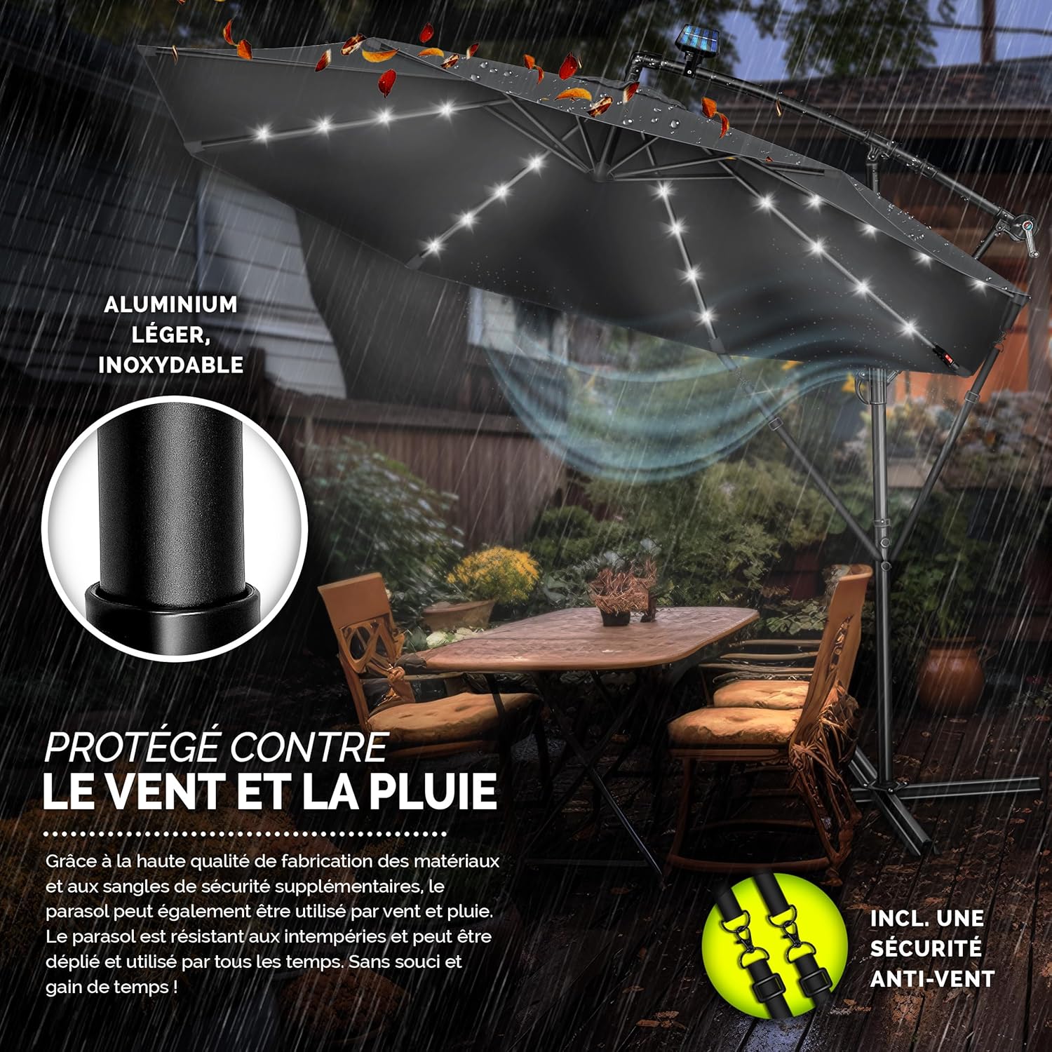 Thumbnail 3 de Tillvex parasol déporté LED solaire hexagonale de 3 m avec manivelle