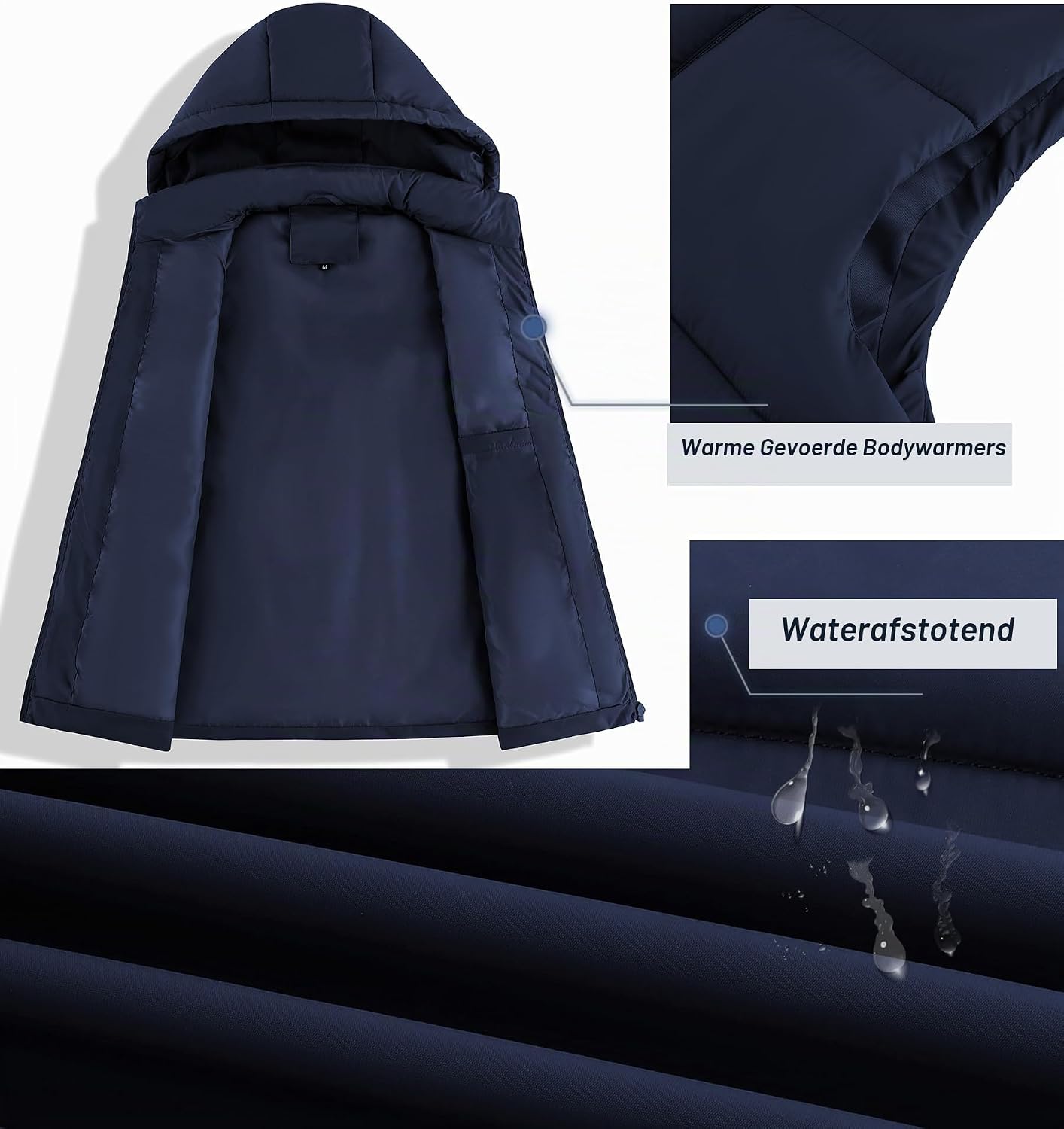 Detalle 2 de ZITY gewatteerde bodywarmer voor heren met capuchon en zakken