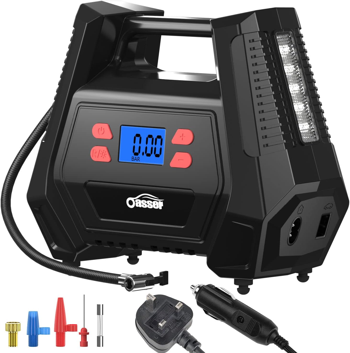 Detalle de Oasser Tyre Inflator Air Compressor 150 PSI (12V car/240V mains) with LED light and 5 nozzle adaptors