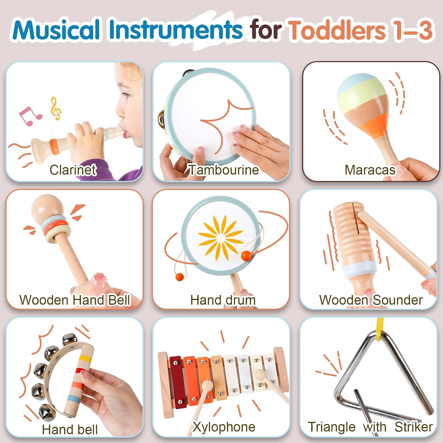 Detalle de Wooden Toddler Musical Instruments Set 9PCS โ Montessori xylophone ๐ถ