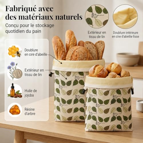 Detalle de Fruzmzk Sacs à Pain Réutilisables en Cire d'Abeille 43 × 33 cm – Lot de 2
