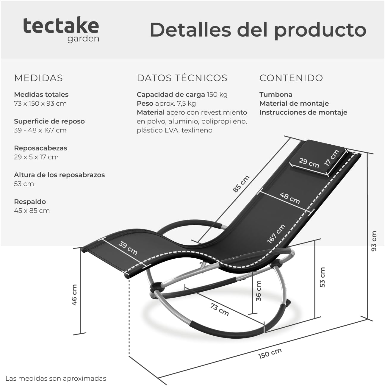 Detalle 2 de Tectake tumbona plegable con balancín 150 kg