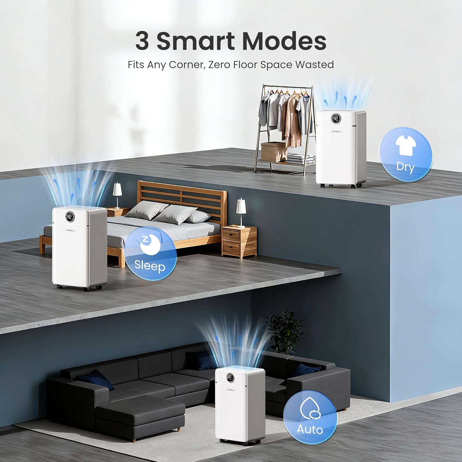 Detalle de CHIVALZ 12L/24H Dehumidifier for Home, Bedroom & Bathroom — 3 Modes, LED Display & 24H Timer