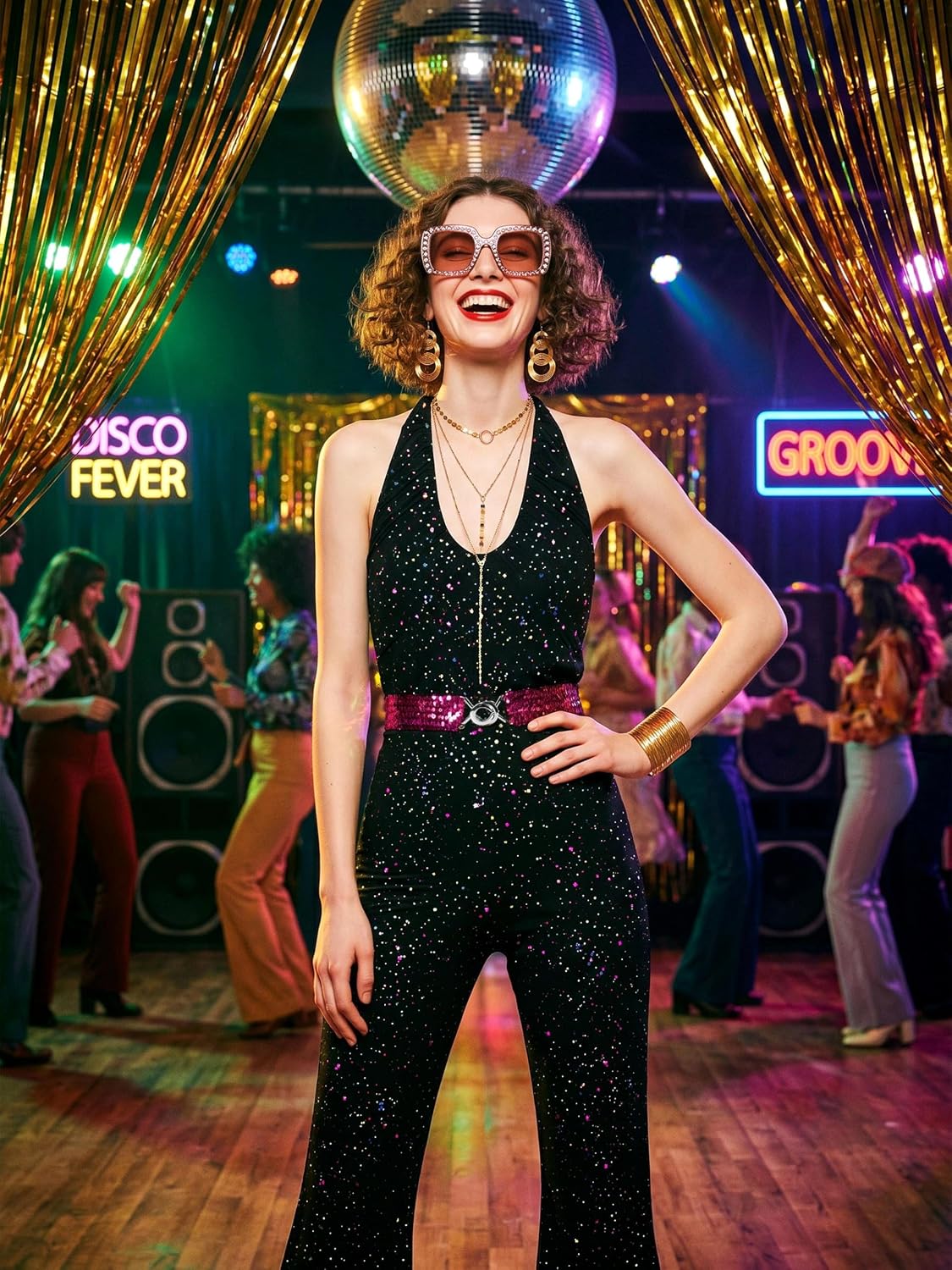 Detalle 2 de SOMSOC 70s Disco Jumpsuit Costume Set with Sequin Flared Legs and Accessories
