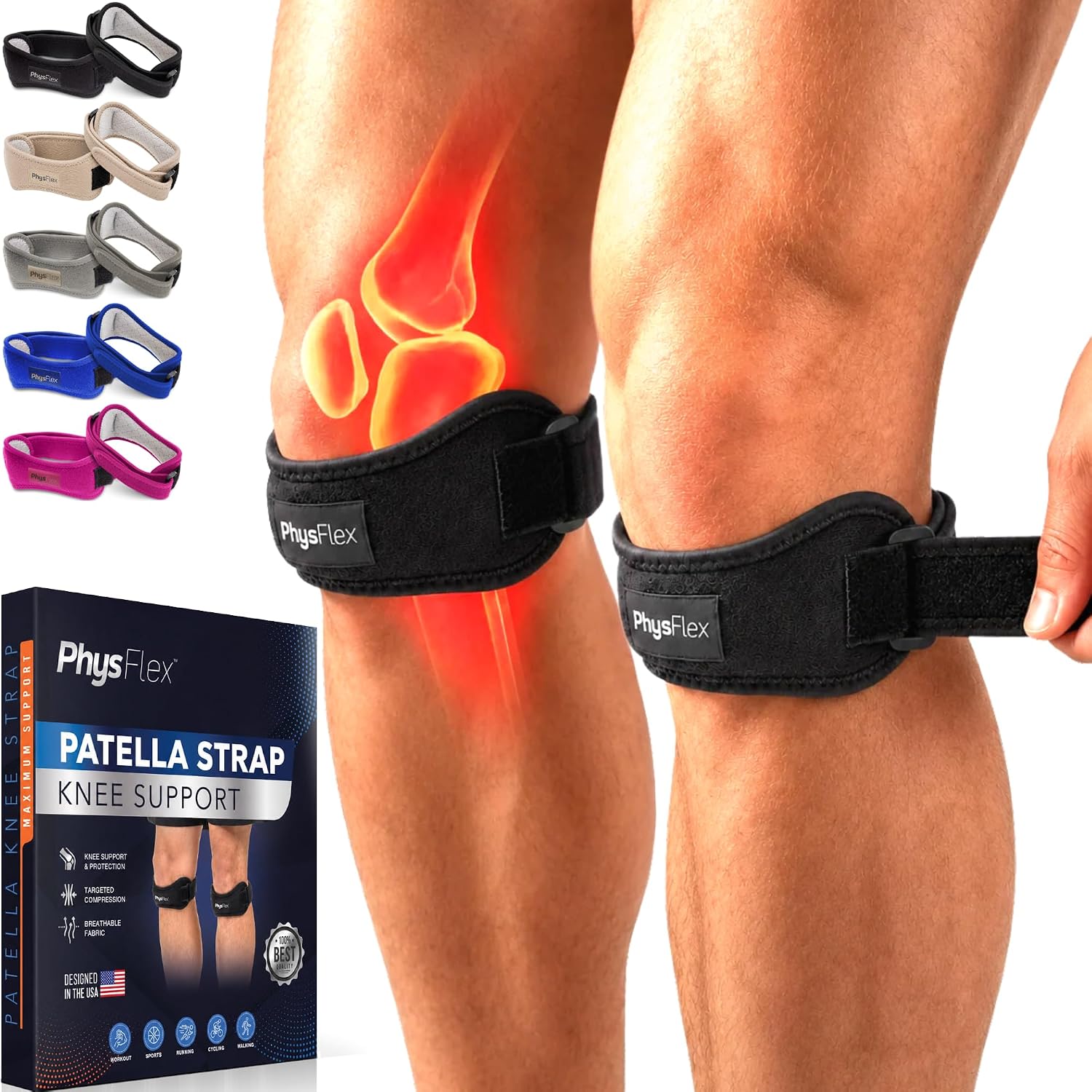 Detalle de PhysFlex 2-Pack Patella Knee Braces, Adjustable Black Polyester Supports