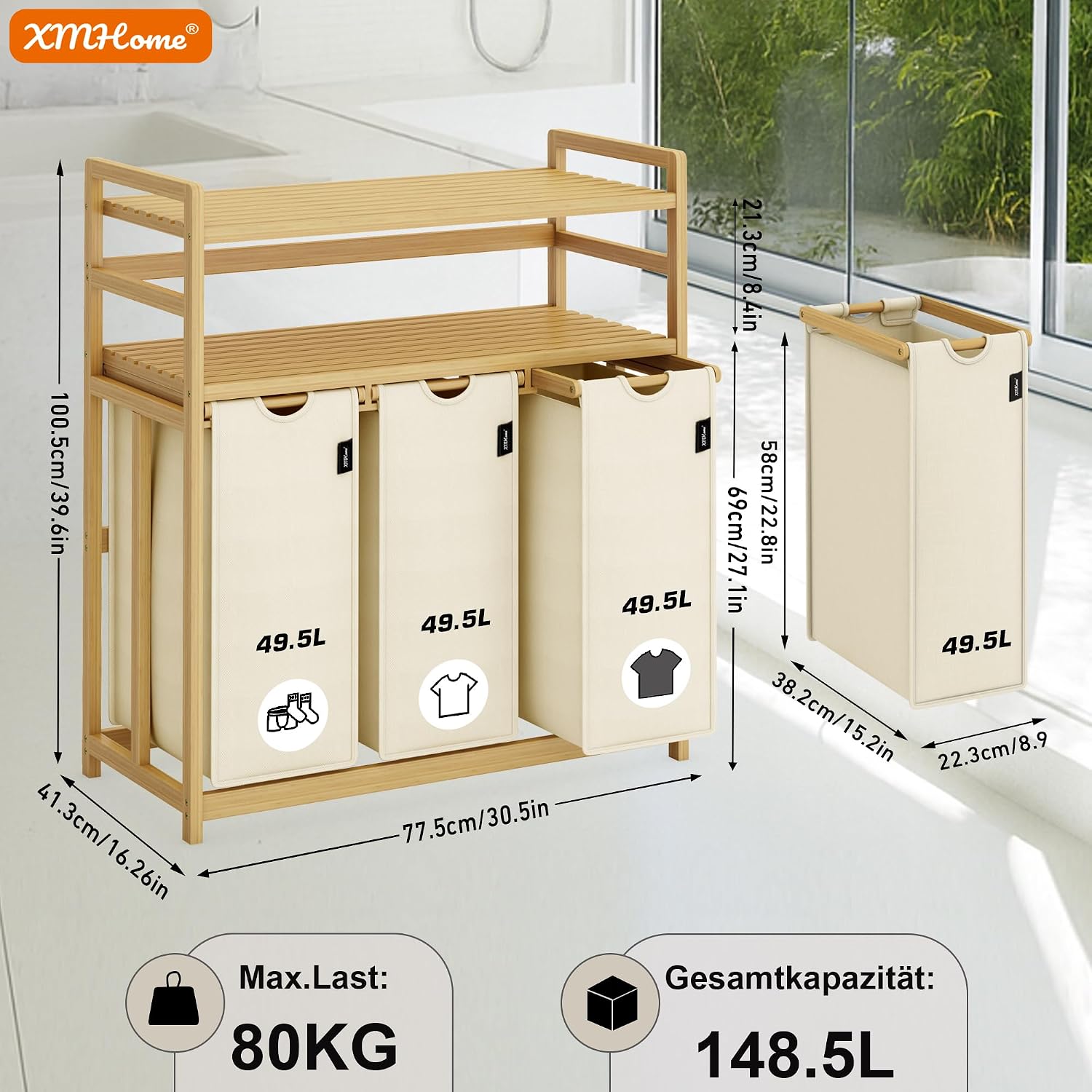 Thumbnail 2 de XMHome Wäschesammler 3 Fächer 149 L Beige