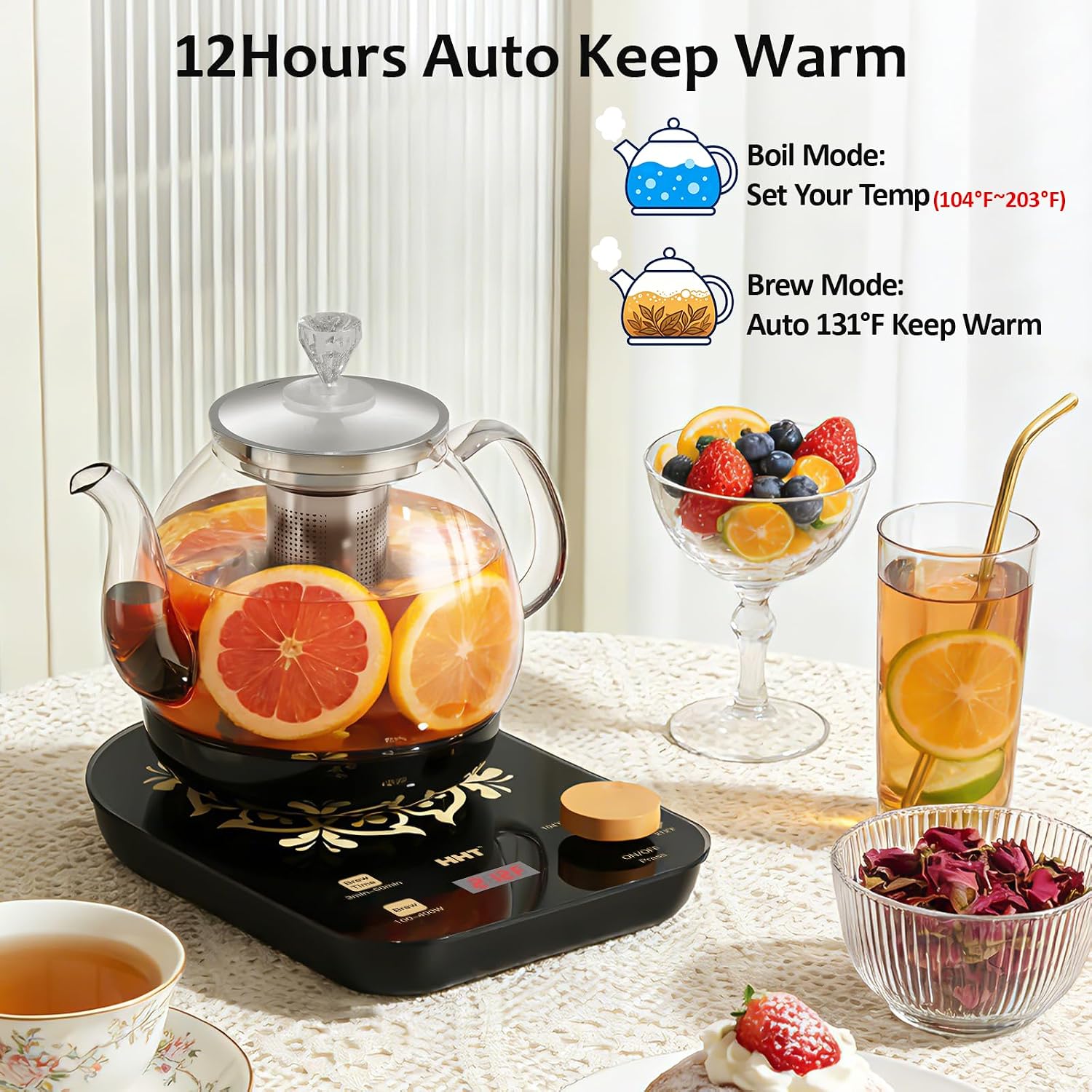 Detalle 2 de HHT HK-A1 Electric Tea Kettle, 0.8 L Glass Infuser, Time & Temperature Control