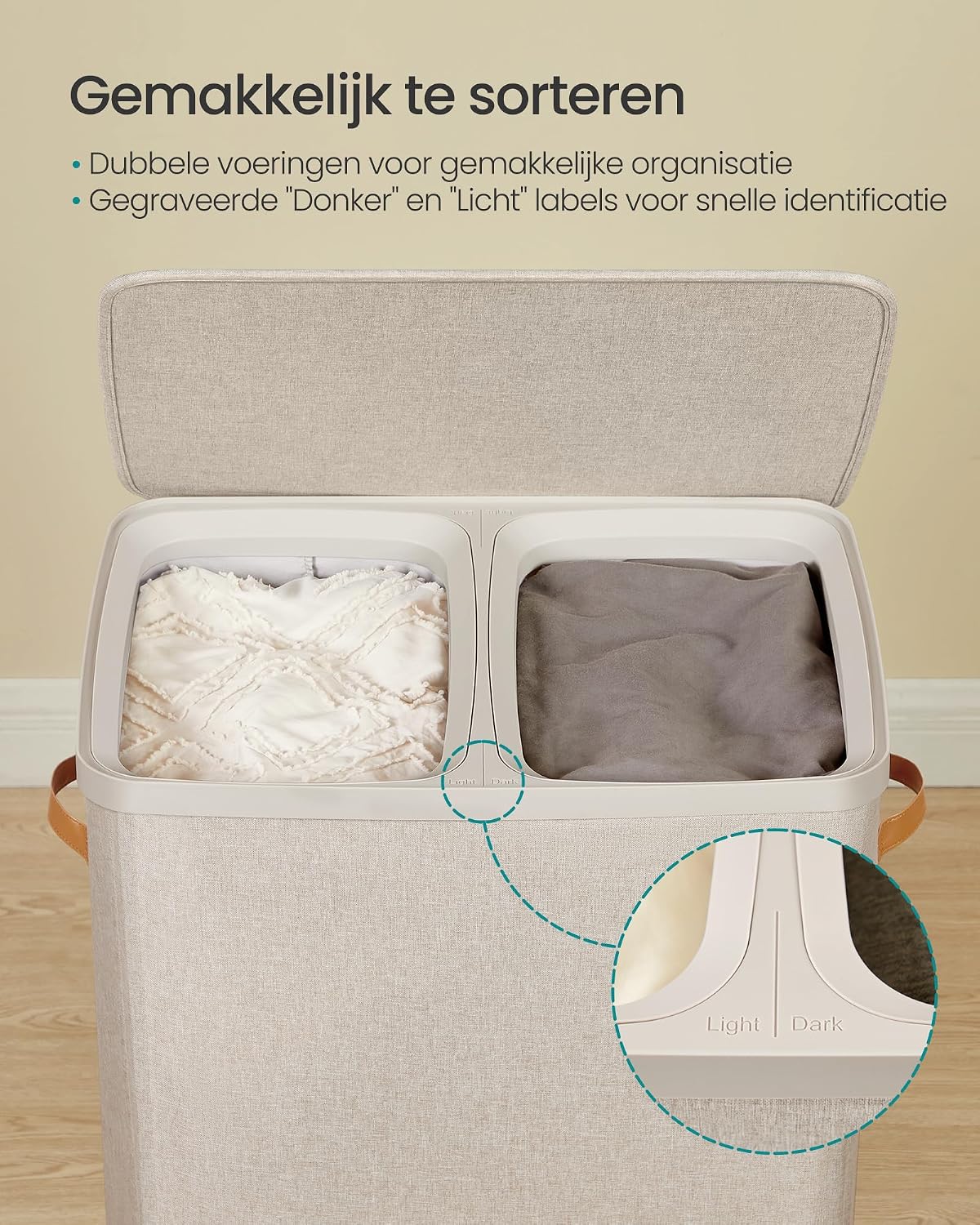 Detalle de SONGMICS BROSI LCB813L01 wasmand, 170 liter, 2 vakken, cappuccinobeige