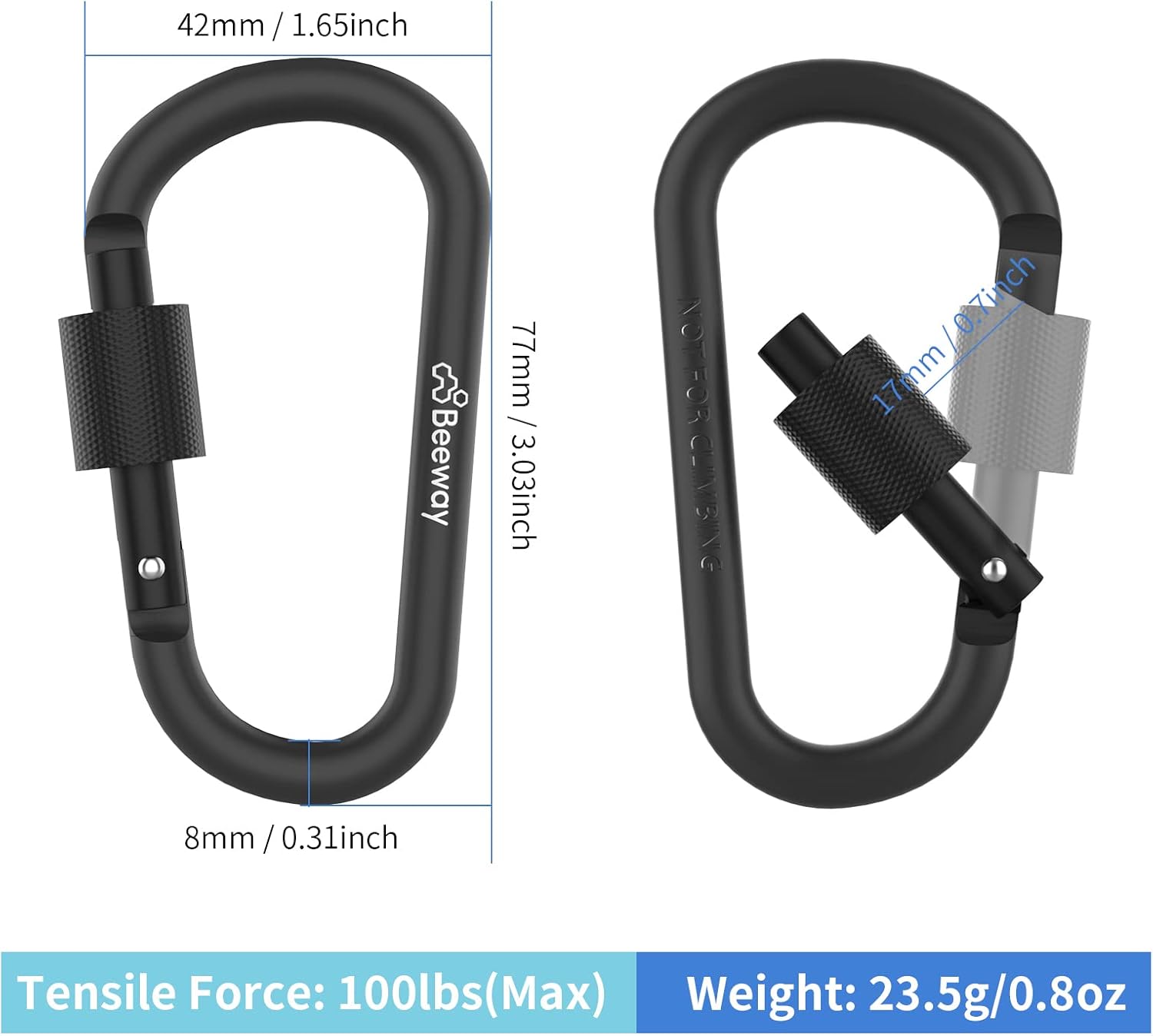 Detalle de BEEWAY Locking Carabiner (Premium Aluminium Alloy D-Ring) – 3 Pack Key Chain Clip Hooks