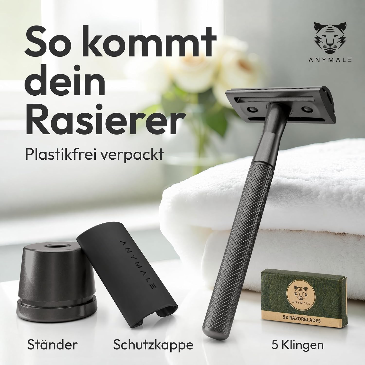 Detalle de ANYMALE Rasierhobel Herren (Black Edition) inkl. 5 Klingen, Ständer & Zero Waste - Nassrasur aus Metall