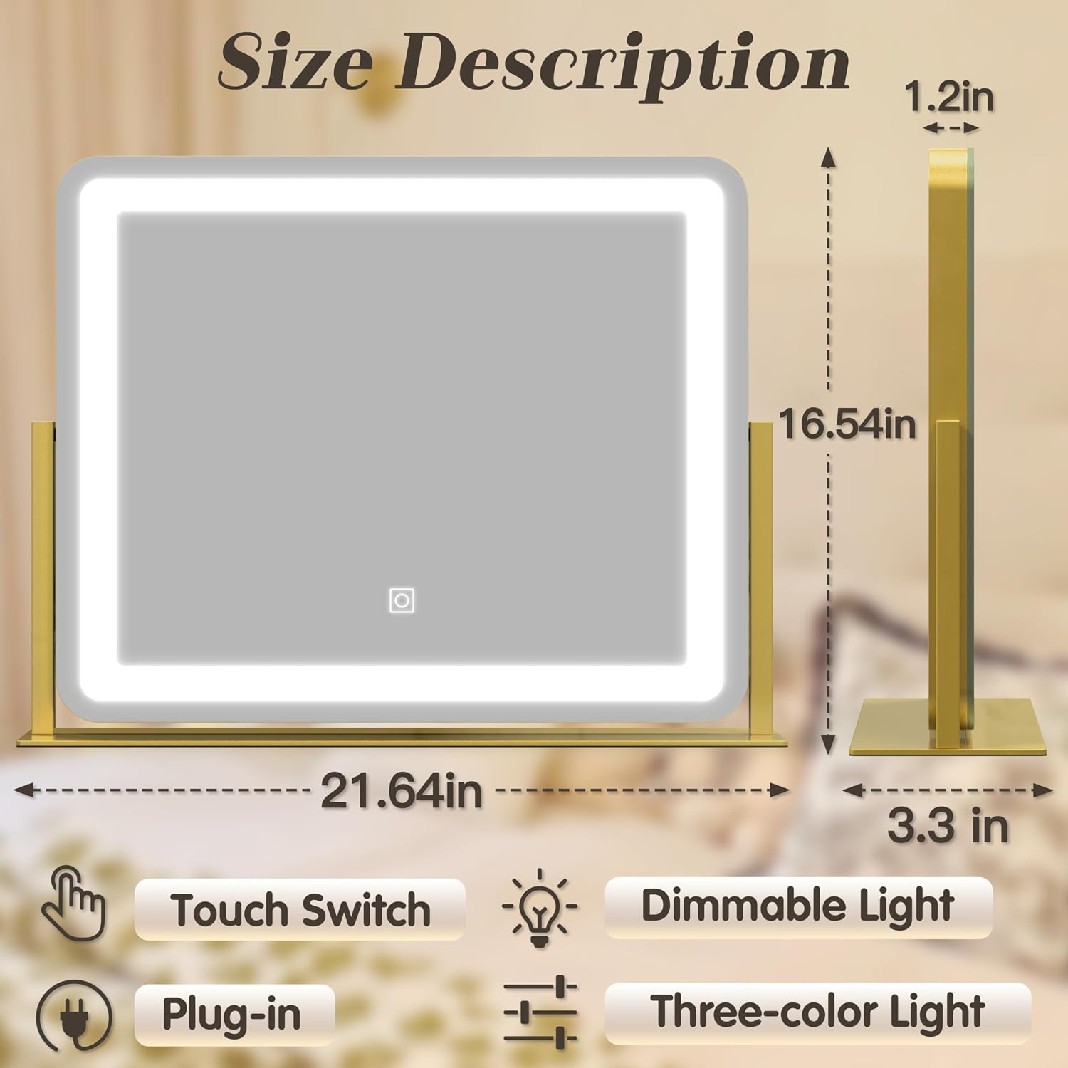 Detalle de ROLOVE Gold Vanity Mirror 22"x17" LED vanity mirror 💄