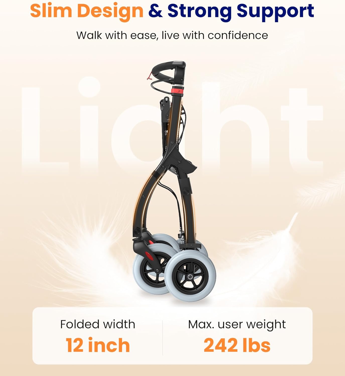 Detalle 2 de Narrow Rollator Walkers for Small Spaces (Z32 Indoor Rollator) — Foldable, Lightweight, and Safe for Apartments