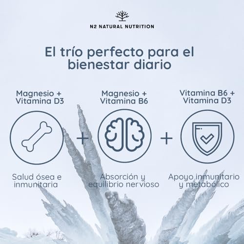 Detalle de Magnesio Bisglicinato 2250 mg de N2 Natural Nutrition, 450 mg de Magnesio Elemental + B6 + D3 – 150 comprimidos