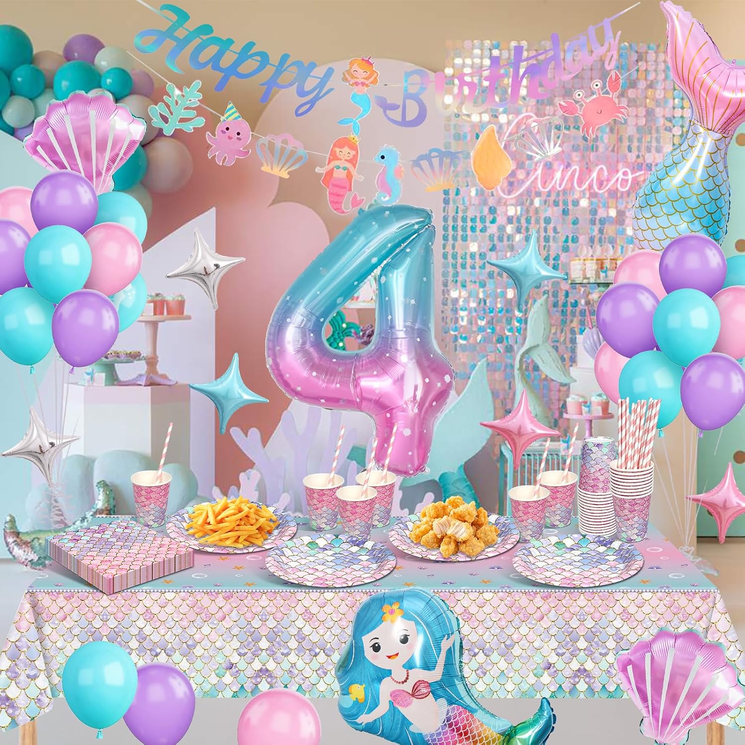 Detalle 2 de Meerjungfrau Partygeschirr Set zum 4. Geburtstag – Deko-Set für 16 Gäste mit Papptellern, Bechern & Luftballons