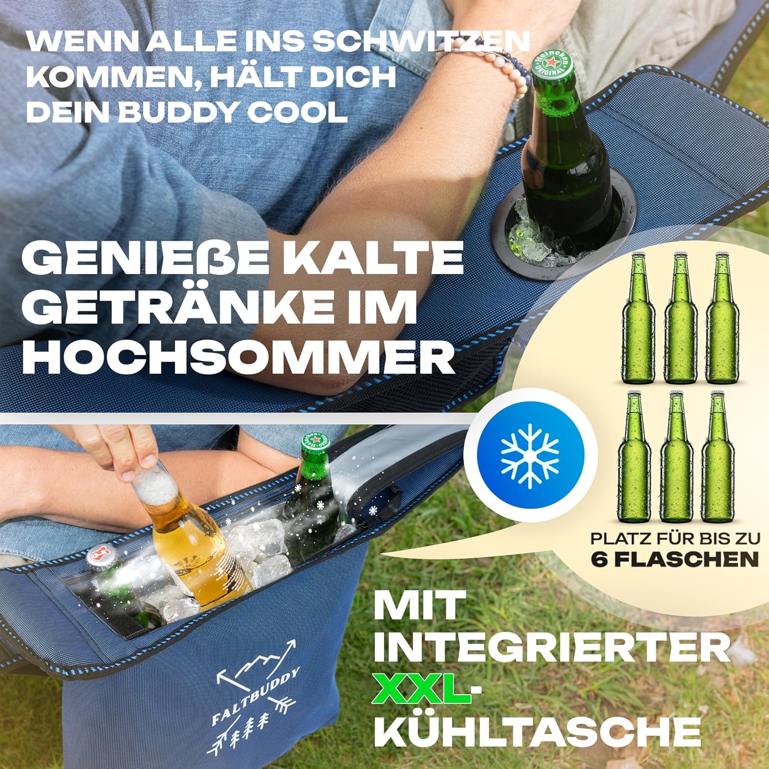 Thumbnail 1 de Faltbuddy Campingstuhl faltbar & Liegestuhl klappbar 2in1 – XXL Kühltasche, blau, bis 180 kg