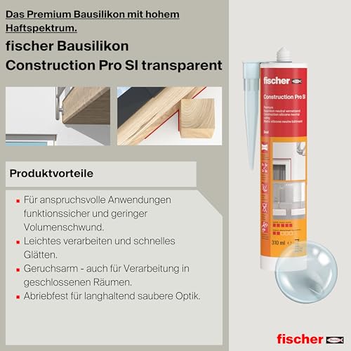 Detalle 1 de fischer Premium-Bausilikon DBSA 310 ml, geruchsarm, transparent – wetterfeste Dichtmasse für Innen & Außen