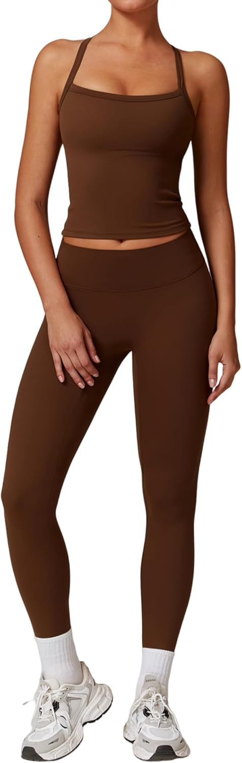 Thumbnail 6 de QBGJTD Women's Two-Piece Cross Back Workout Set: Tank Top & High-Waist Leggings
