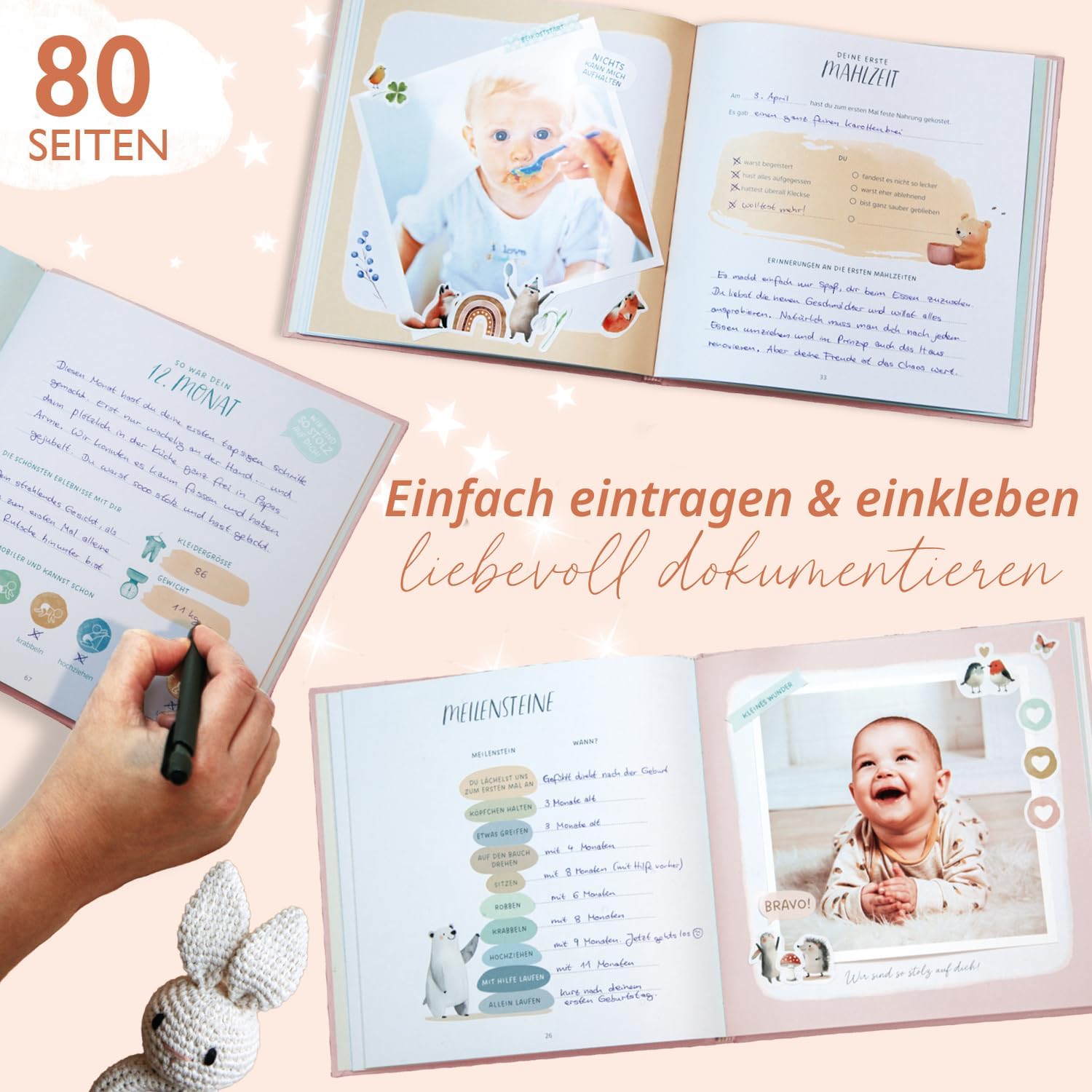 Thumbnail 6 de Mein erstes Jahr Babyalbum von Rabano Art – Erinnerungsbuch mit Goldprägung, Rosa, 80 Seiten