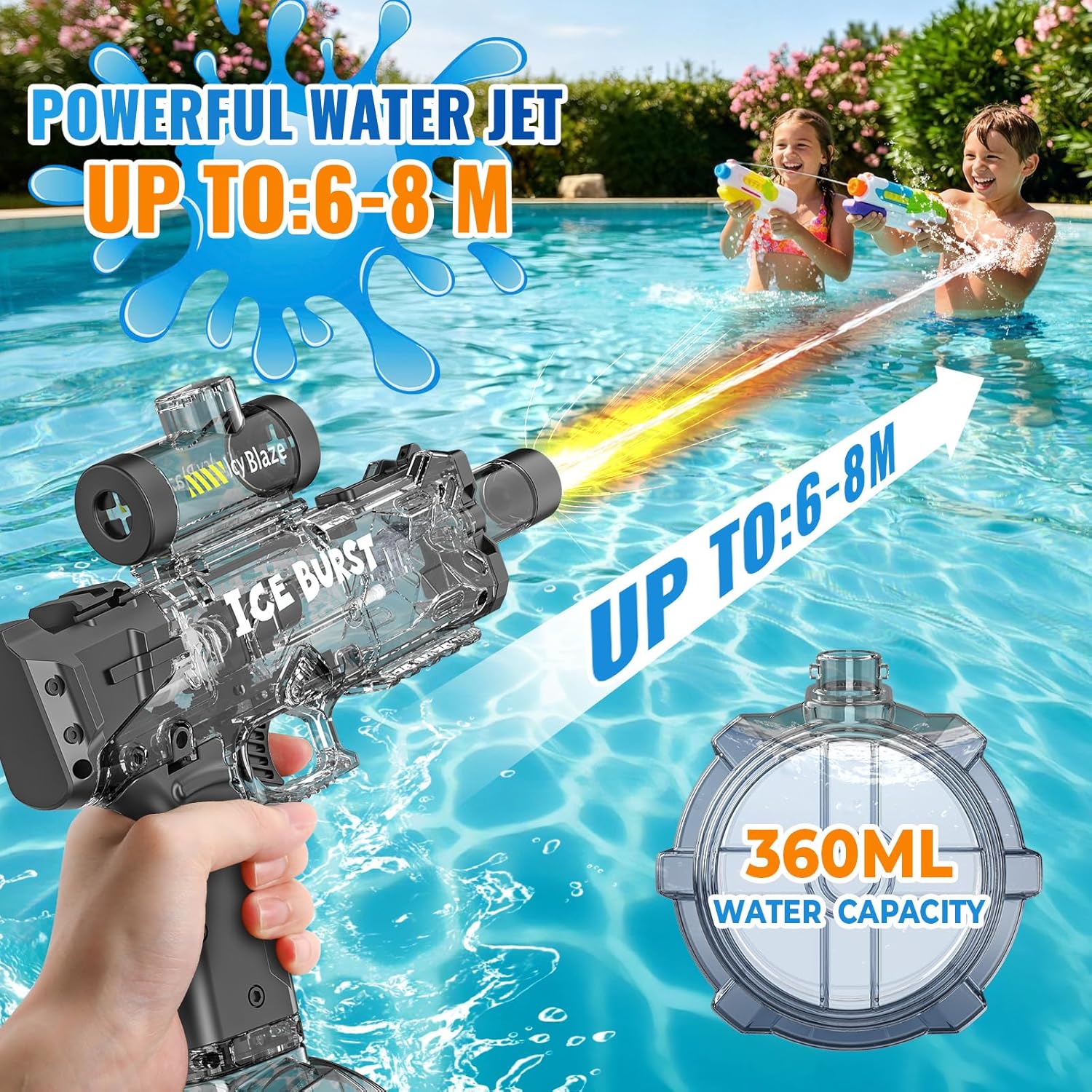 Thumbnail 2 de Pistolet à Eau Électrique pour Enfants et Adultes — Fusil à Eau Automatique Tactique avec LED et Son, 360 ml, Portée 8 m (Noir)