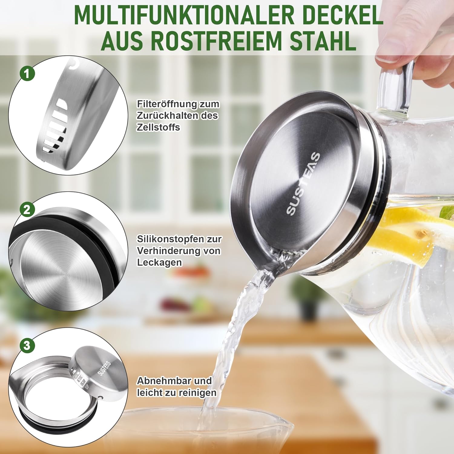 Thumbnail 3 de SUSTEAS 2-Liter Glas-Karaffe mit Deckel und Auslauf (Borosilikat, SUS304) – für Wasser, Eistee & mehr