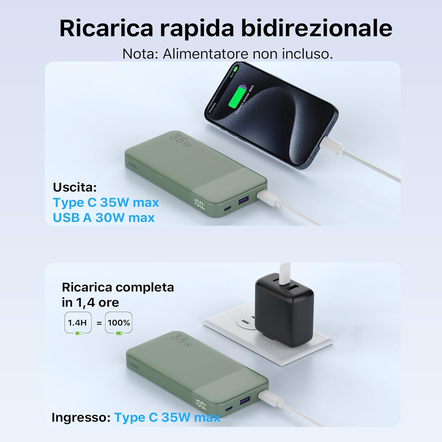 Thumbnail 2 de NOBIS Power Bank 35W portatile da 10.000 mAh con doppia ricarica rapida (USB-C & USB-A) e display digitale