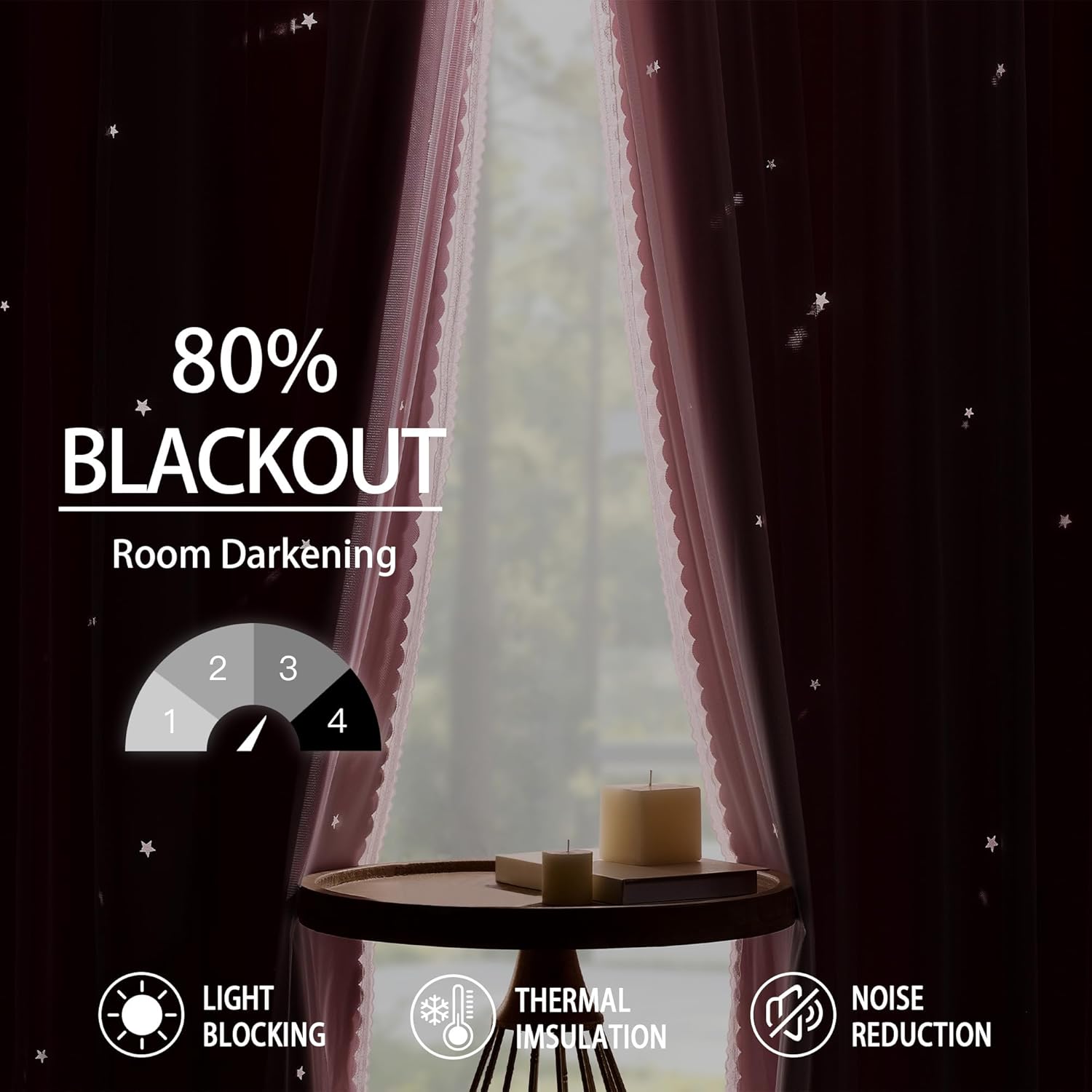 Thumbnail 5 de XiDi Light Pink Two-Layer Kids Curtains (34x63 in) with Star Print – Blackout Panel for Girls' Bedroom