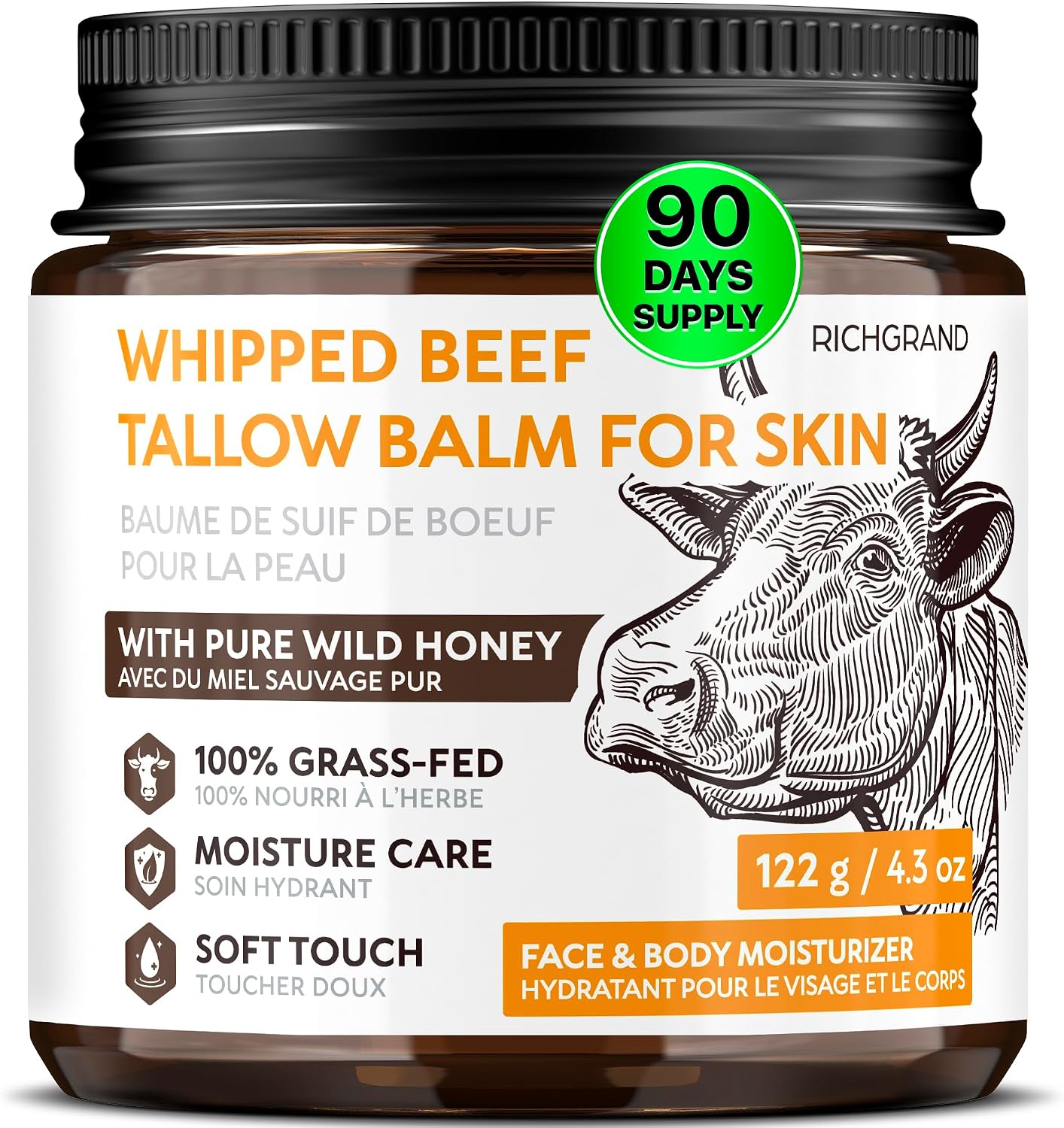Detalle de RICHGRAND Beef Tallow Moisturizer Whipped Honey Balm for Face and Body