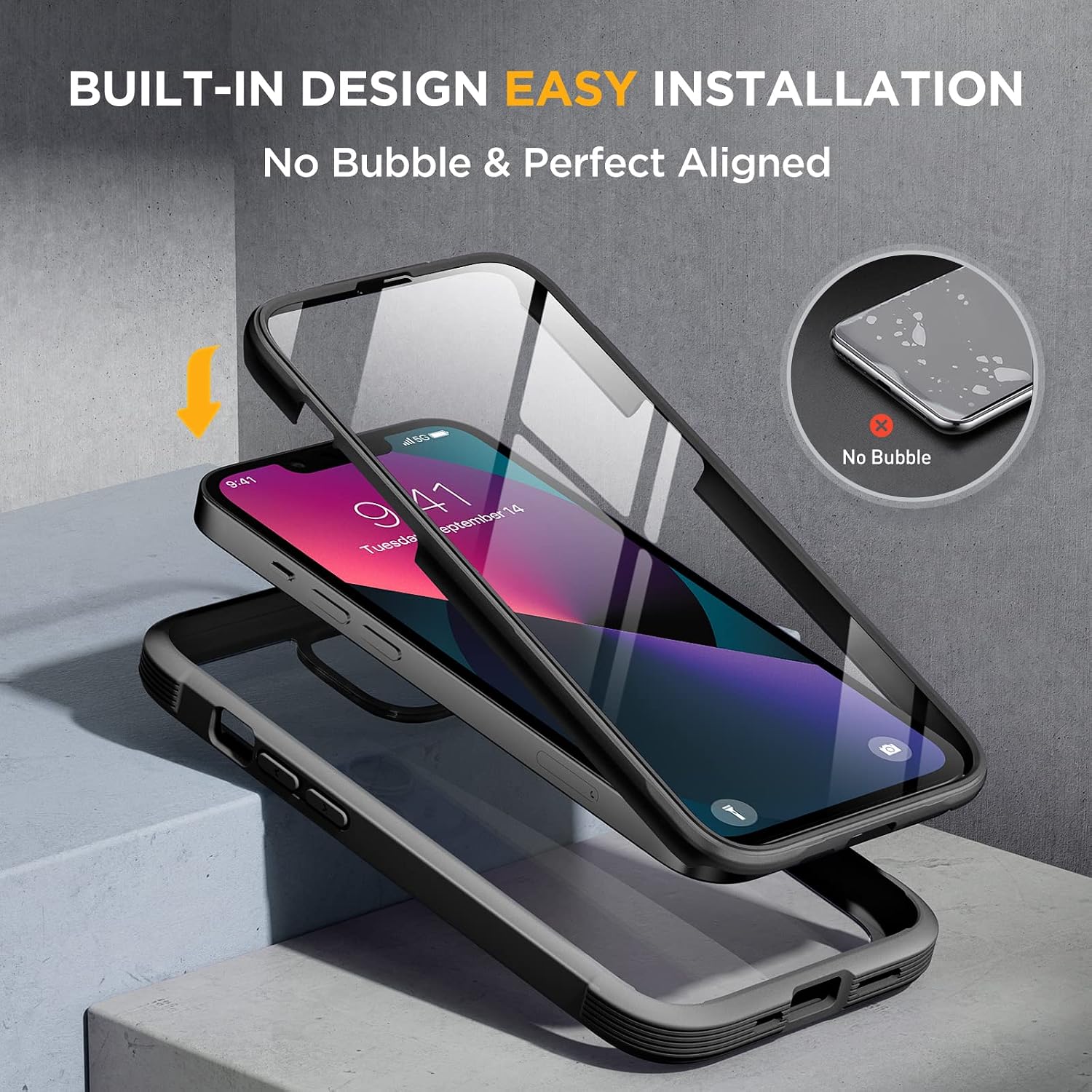 Detalle de Miracase iPhone 13 6.1" case with built-in 9H glass screen protector (clear back, black bumper)