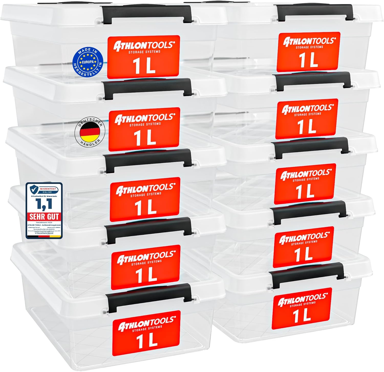 ATHLON TOOLS 10er Set kleine 2-l Aufbewahrungsboxen mit Deckel, stapelbar & lebensmittelecht (BPA-frei)