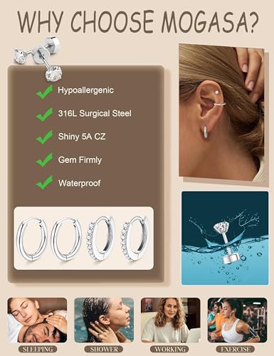 Detalle de MOGASA 12 Pairs Hypoallergenic Surgical Steel Flat Back Earrings for Women