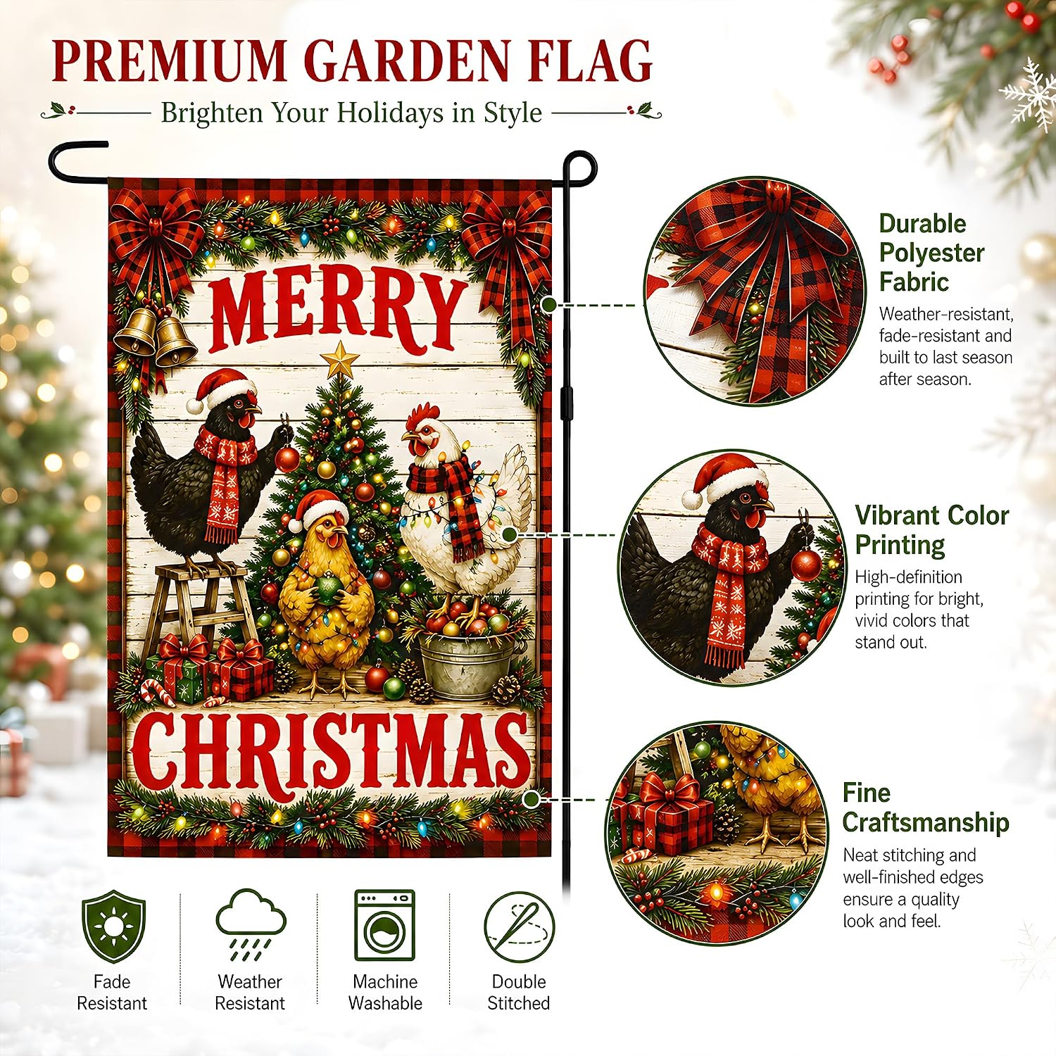 Detalle 2 de OHOME Farmhouse Chickens Merry Christmas Garden Flag, Double-Sided Polyester