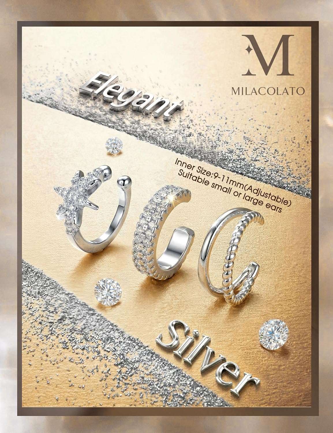 Thumbnail 5 de MILACOLATO 3er-Set Ear Cuffs (Gold & Silber), Clip-Ohrclips ohne Ohrloch mit CZ-Optik in Geschenkbox