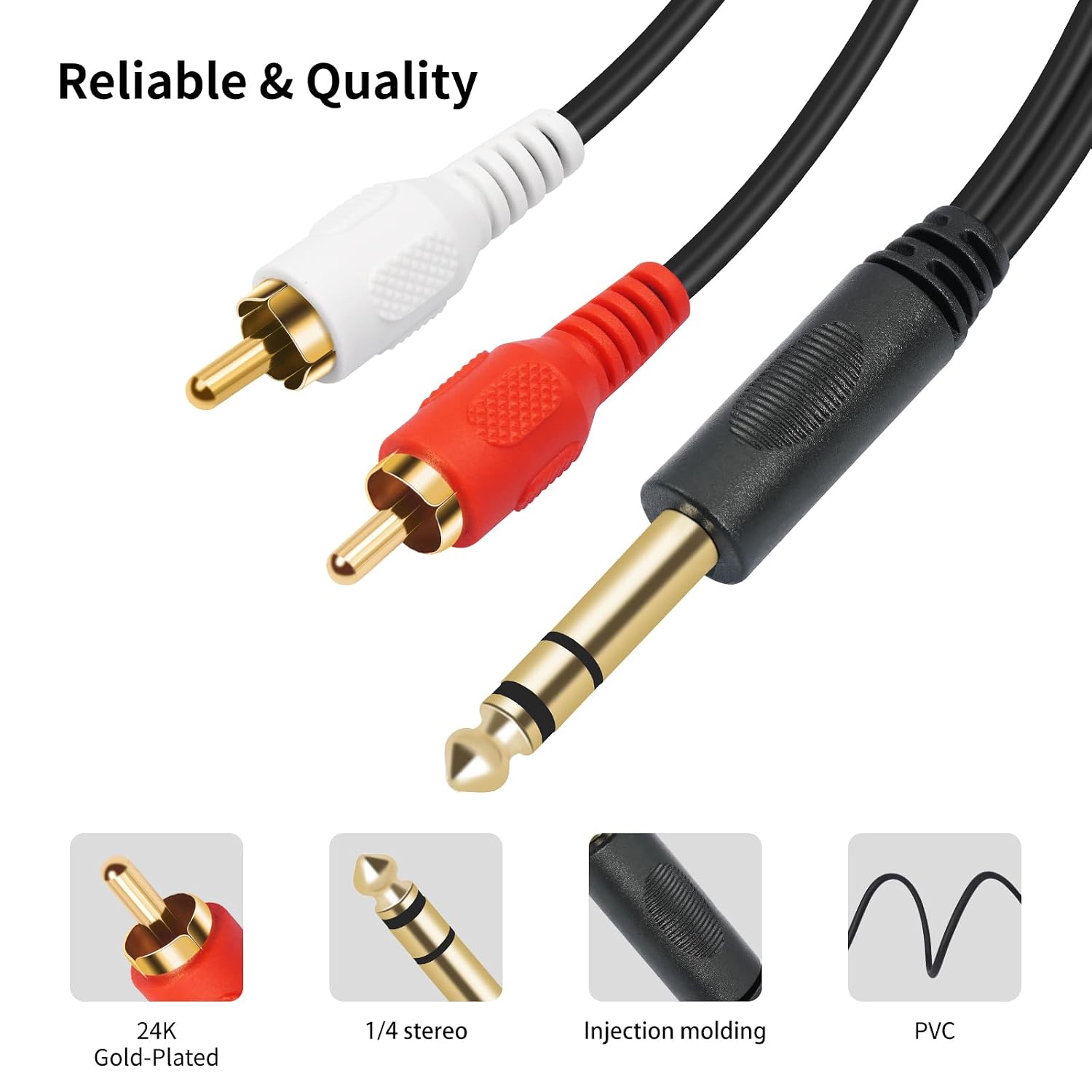 Detalle 2 de SiYear Gold-plated 6.35mm to Dual RCA Audio Cable – 1/4in TRS to RCA, 1.5m