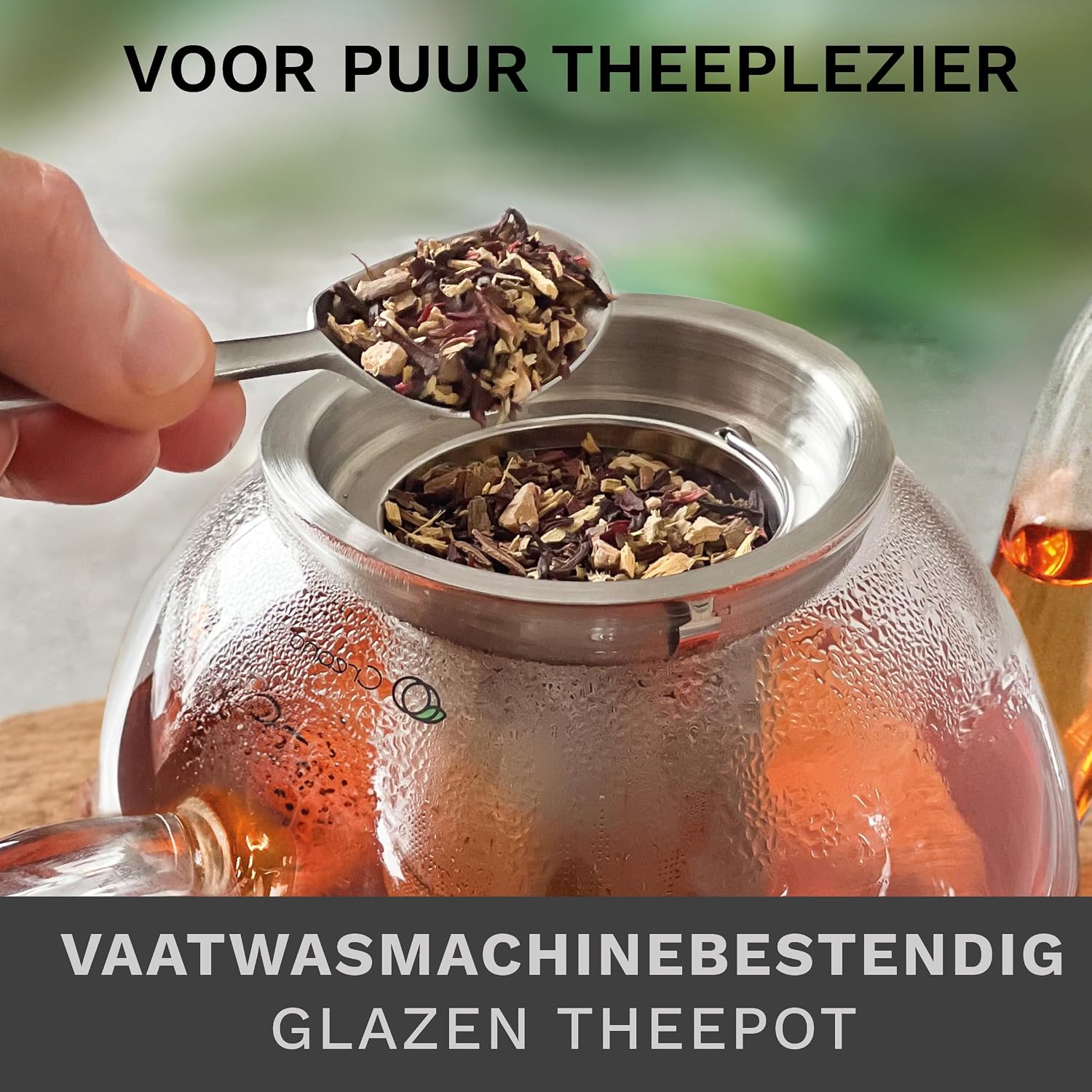 Detalle 2 de Creano 298 glazen theepot 1,5 liter met zeef, glazen deksel en druppelvrije schenktuit