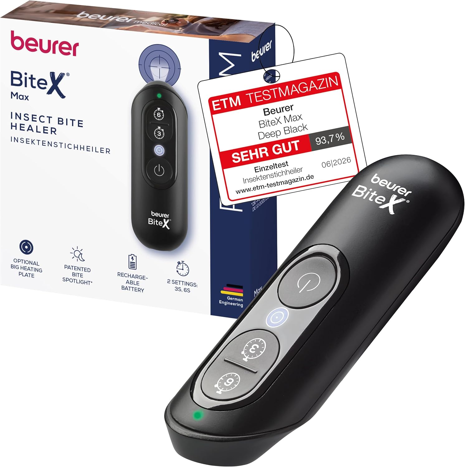 Detalle de Beurer BiteX Max Deep Black Insektenstichheiler – Wärme gegen Juckreiz, größere Heizfläche, Akku & Licht