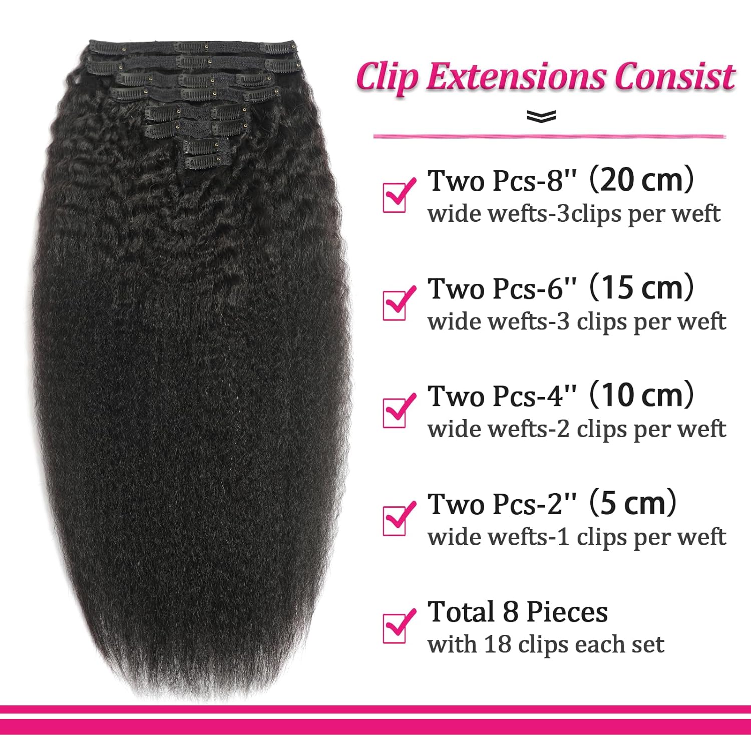 Thumbnail 1 de Clip In Hair Extensions Real Human Hair 20 Inch – 8Pcs 120g Kinky Straight, Brazilian Remy, Full Head
