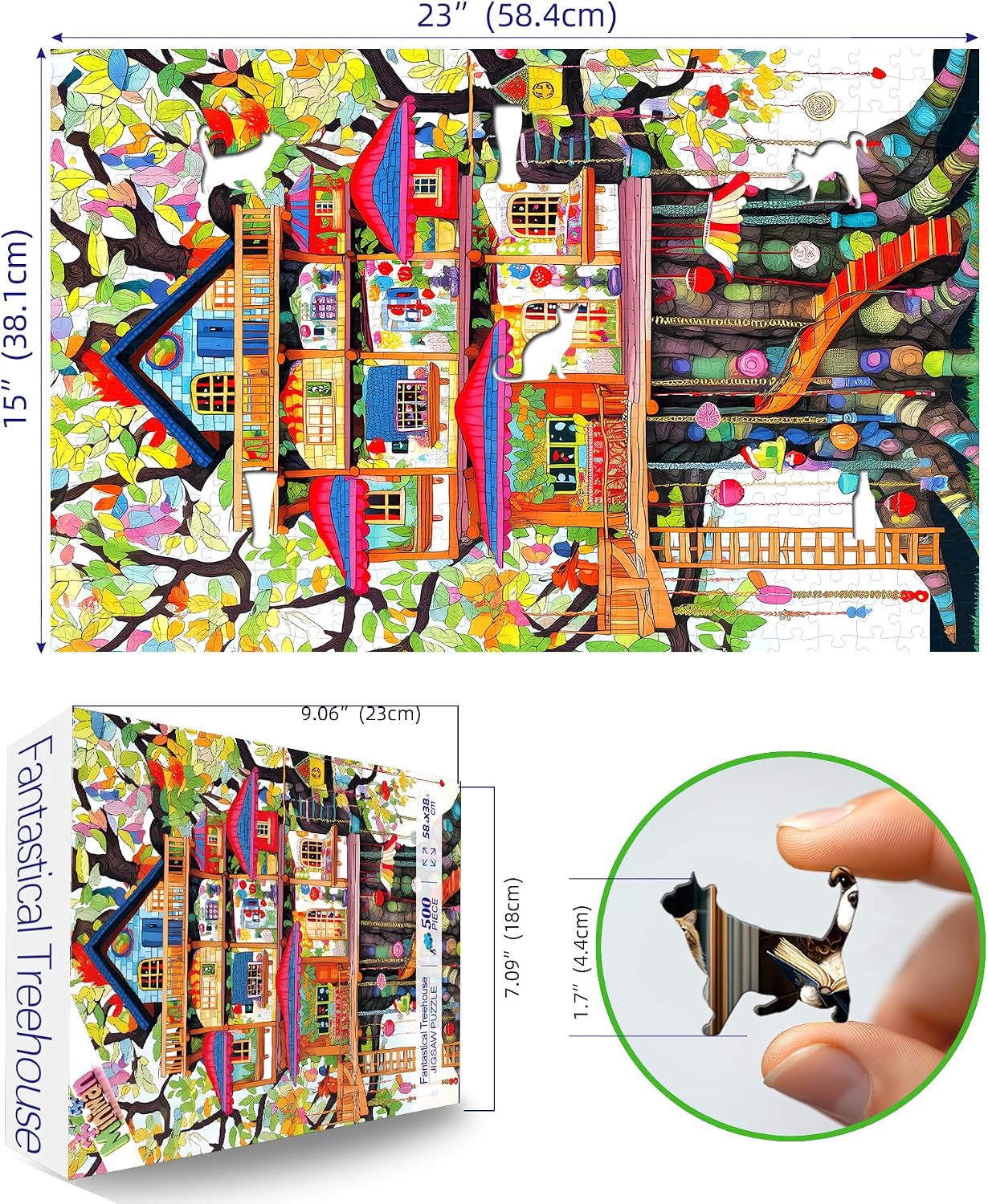 Detalle de Whimsical Treehouse Escape 500-Piece Jigsaw Puzzle (15x23 in) — Colorful Fantasy Nature Art for Adults
