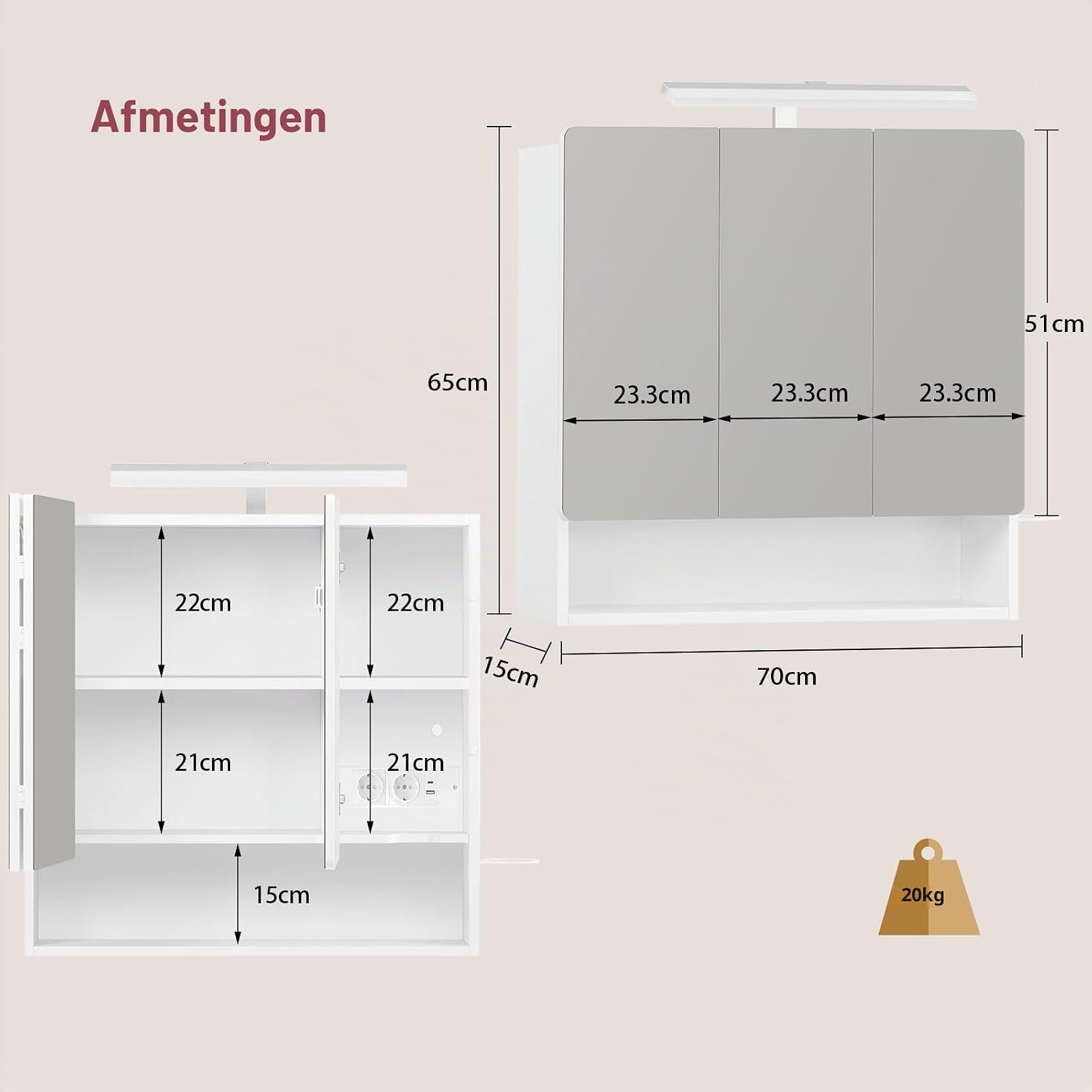 Detalle 2 de TEENFON ENGGX011W-ZF spiegelkast met ledverlichting en stopcontacten