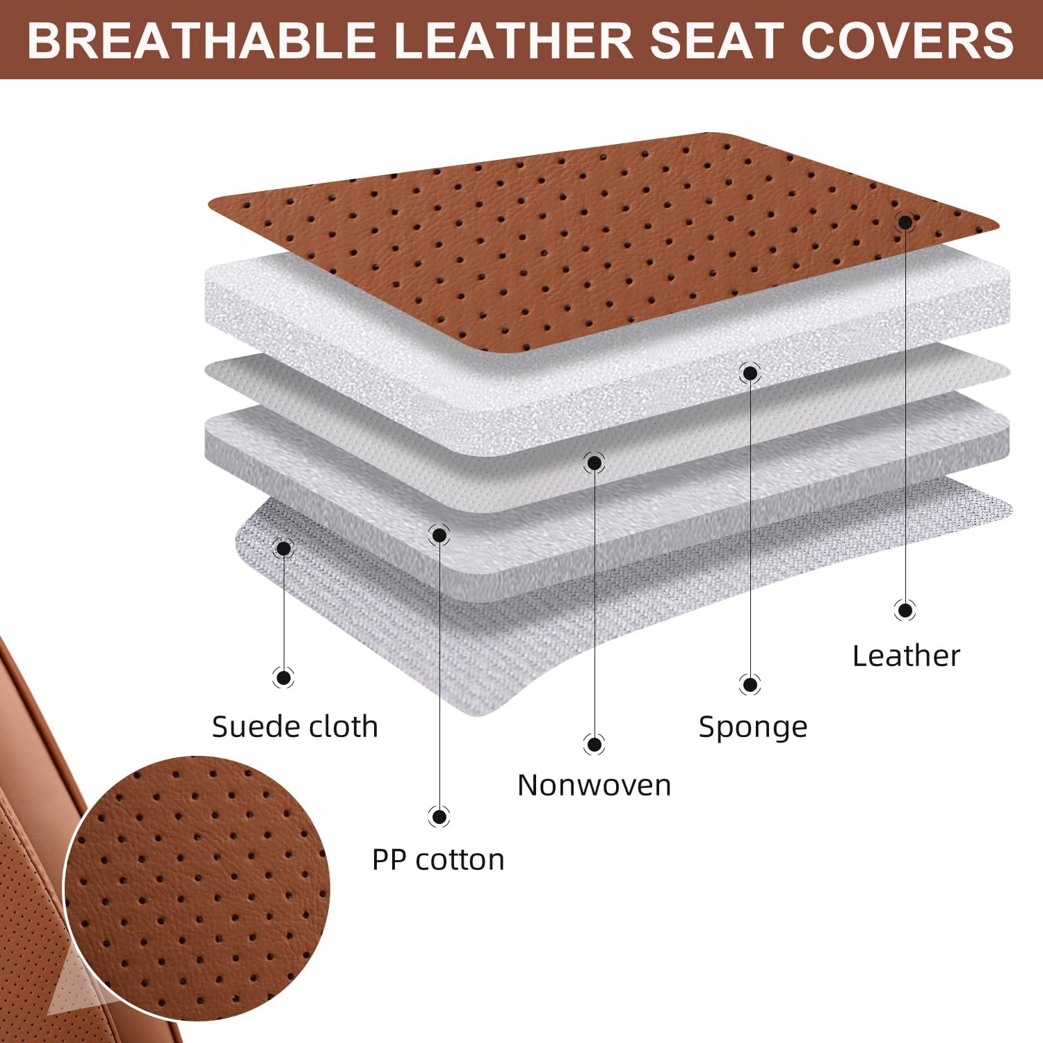 Detalle 2 de TIEHESYT Car Seat Covers Full Set: Breathable Nappa Leather Front & Rear Protection (Brown, Front Pair + Rear)