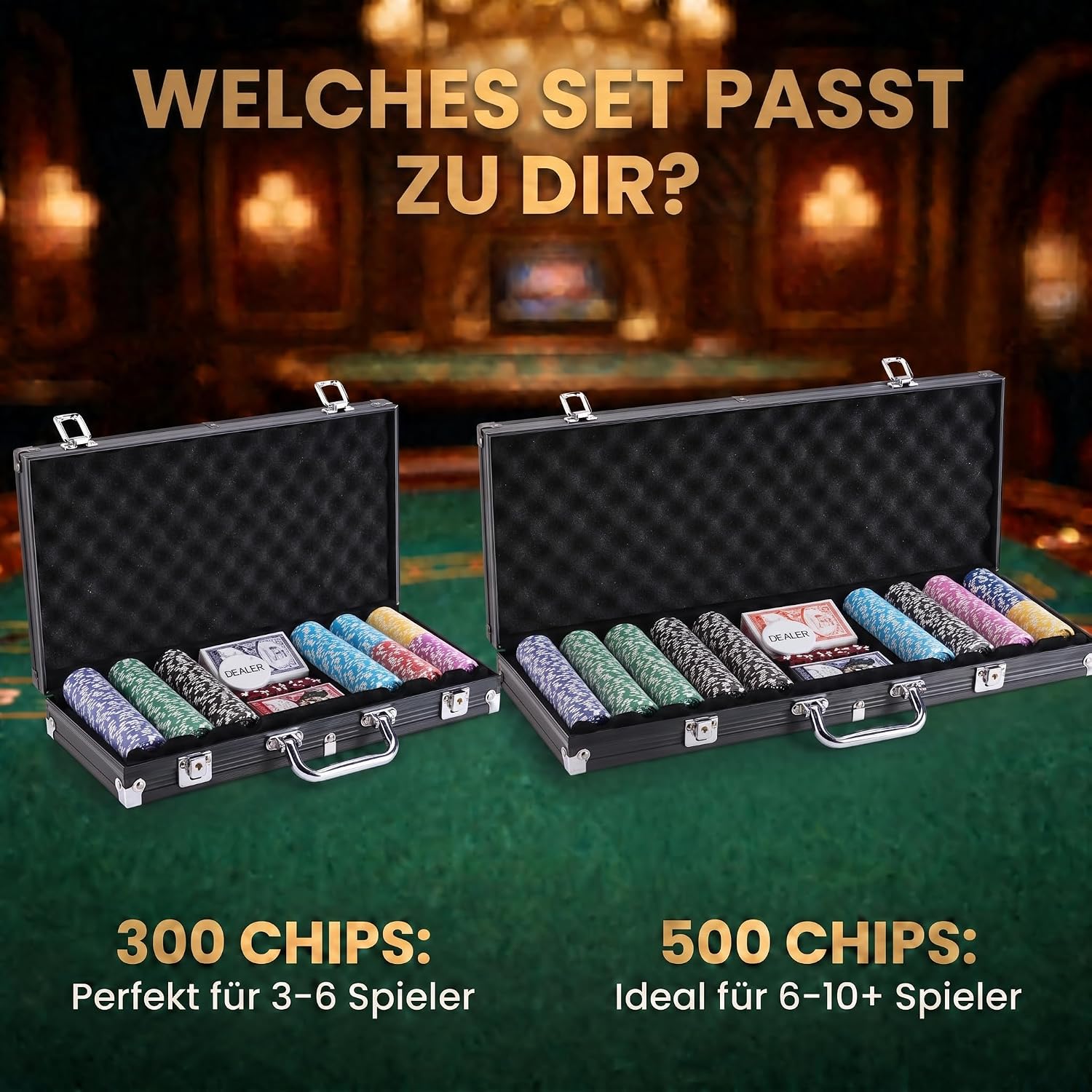 Thumbnail 6 de Profi Pokerkoffer Pokerset inkl. 300–500 schwerer 12g Poker-Chips, Deck, Karten, Würfel, Dealer-Button – abschließbarer Alu-Koffer
