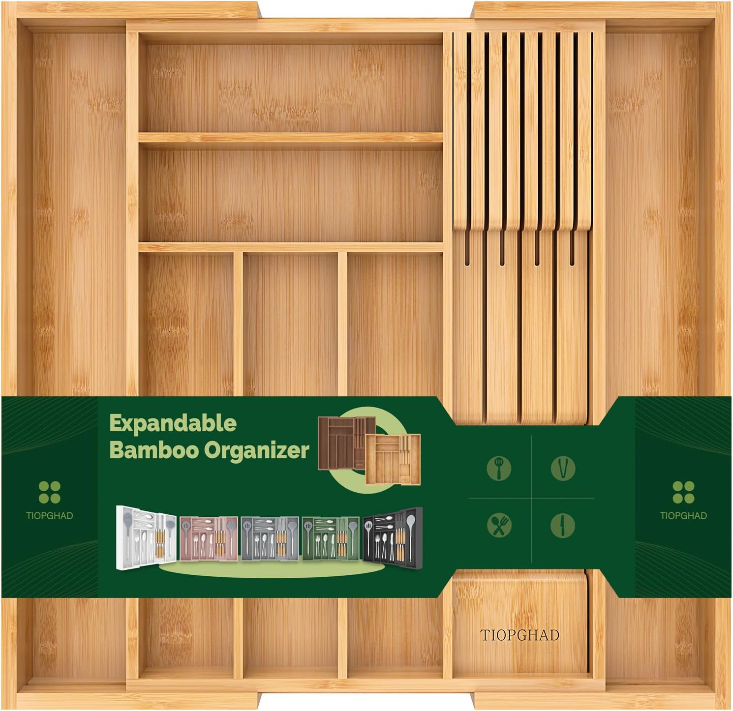 TIOPGHAD Bamboo Expandable Silverware & Utensil Drawer Organizer with Detachable Knife Rack