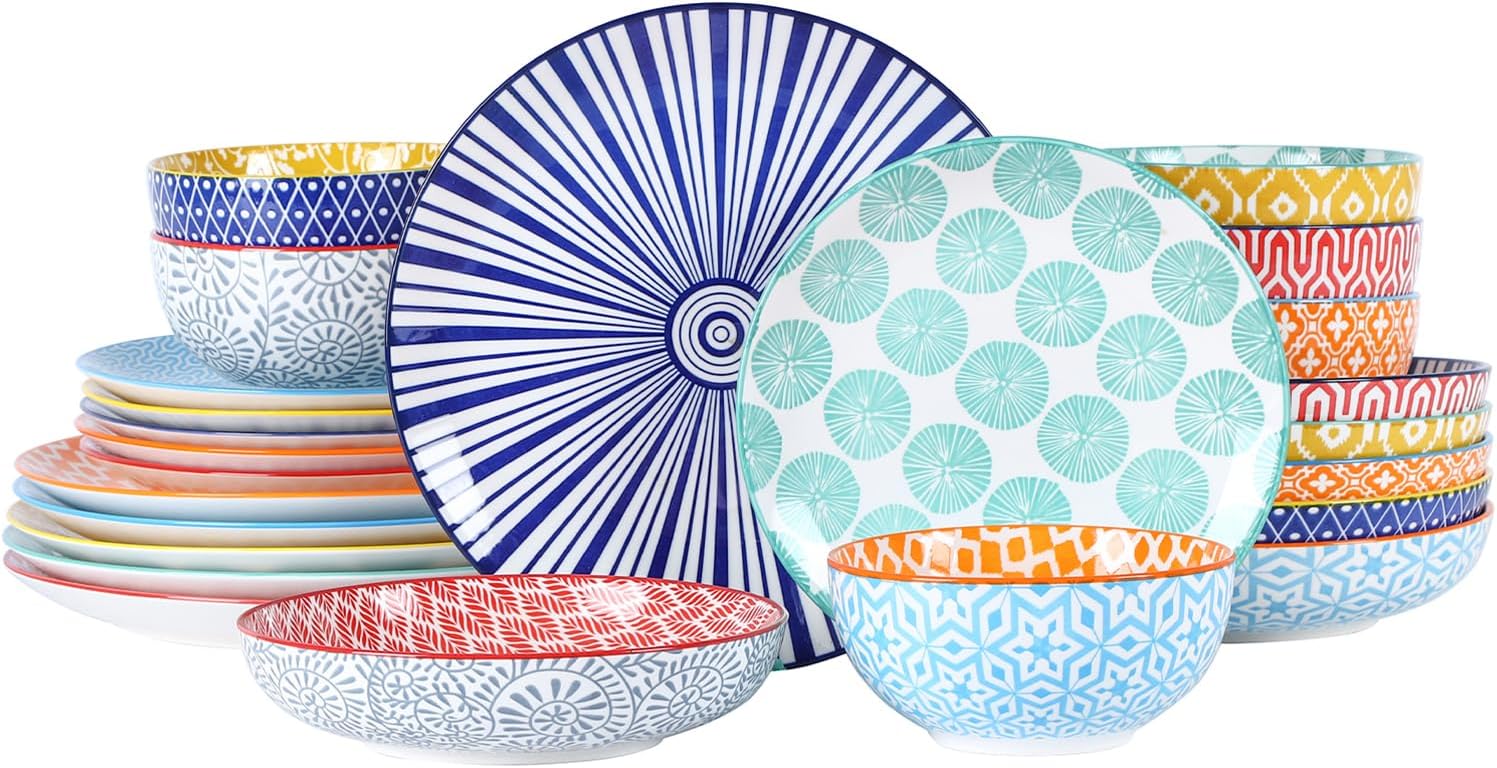 Detalle de Selamica 24-Piece Ceramic Dinnerware Set for 6 (10" Dinner Plates, 8" Salad Plates, 24 oz Bowls, 26 oz Pasta Bowls) in Assorted Colors