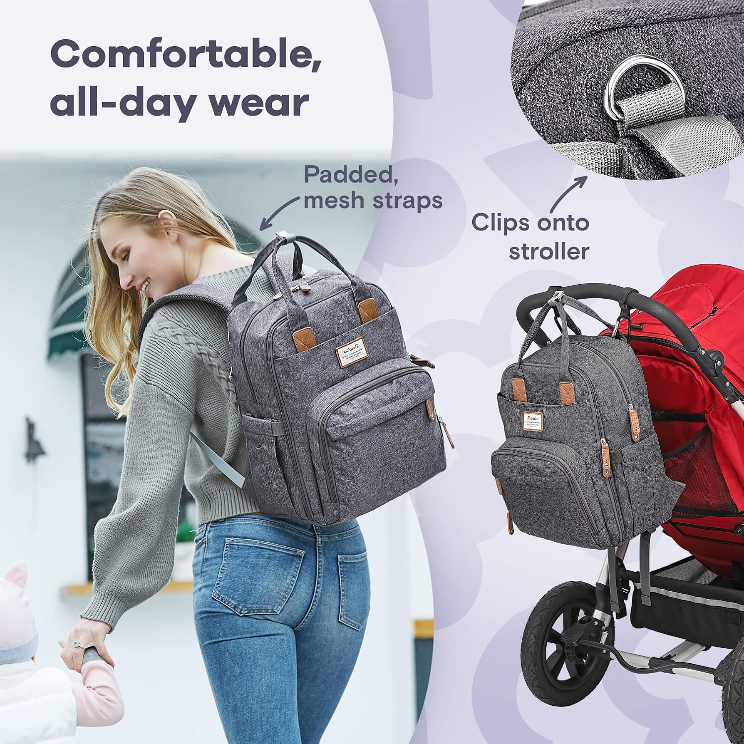 Detalle de RUVALINO Diaper Backpack Large nappy bag with changing mat, insulated bottle pockets and laptop sleeve