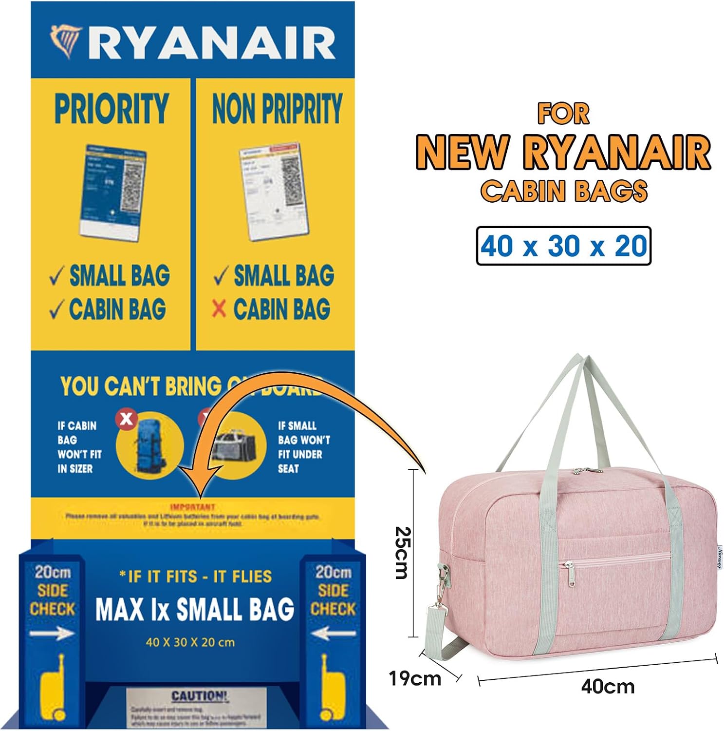 Detalle 2 de Narwey foldable underseat travel duffel for Ryanair cabin bags, 40x30x20cm (20L) in Pink with shoulder strap