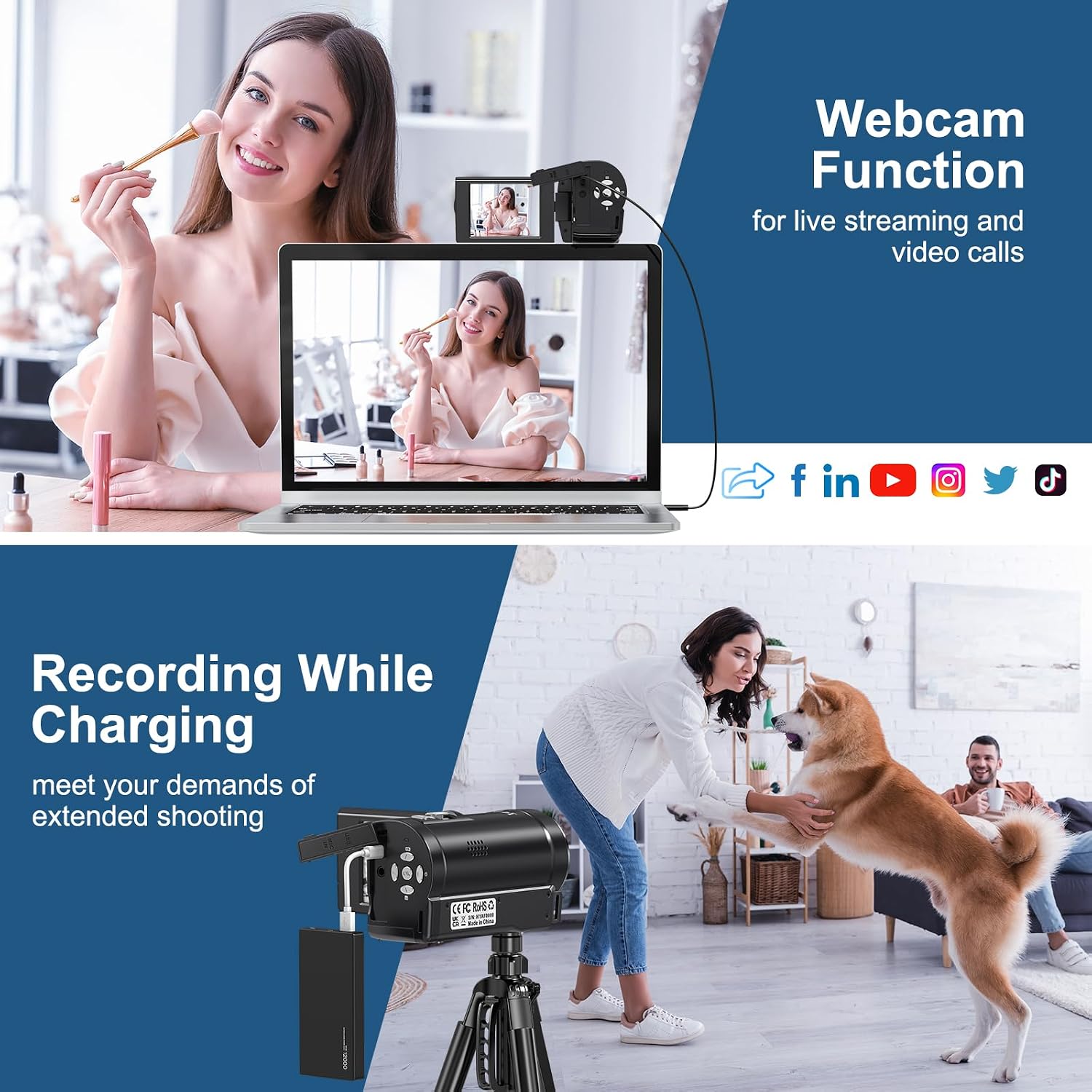 Detalle 2 de Videokamera 2.7K 56MP Camcorder mit LED-Fülllicht und 16X Digitalzoom – ideal fürs Vloggen