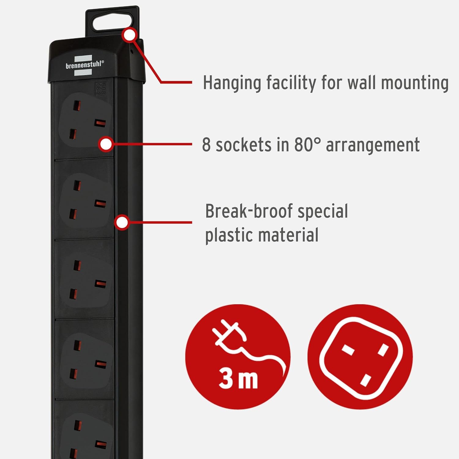 Thumbnail 1 de Brennenstuhl Premium-Line 8-Way Extension Lead with 3m Cable (3m, 8 sockets, angled, switch)
