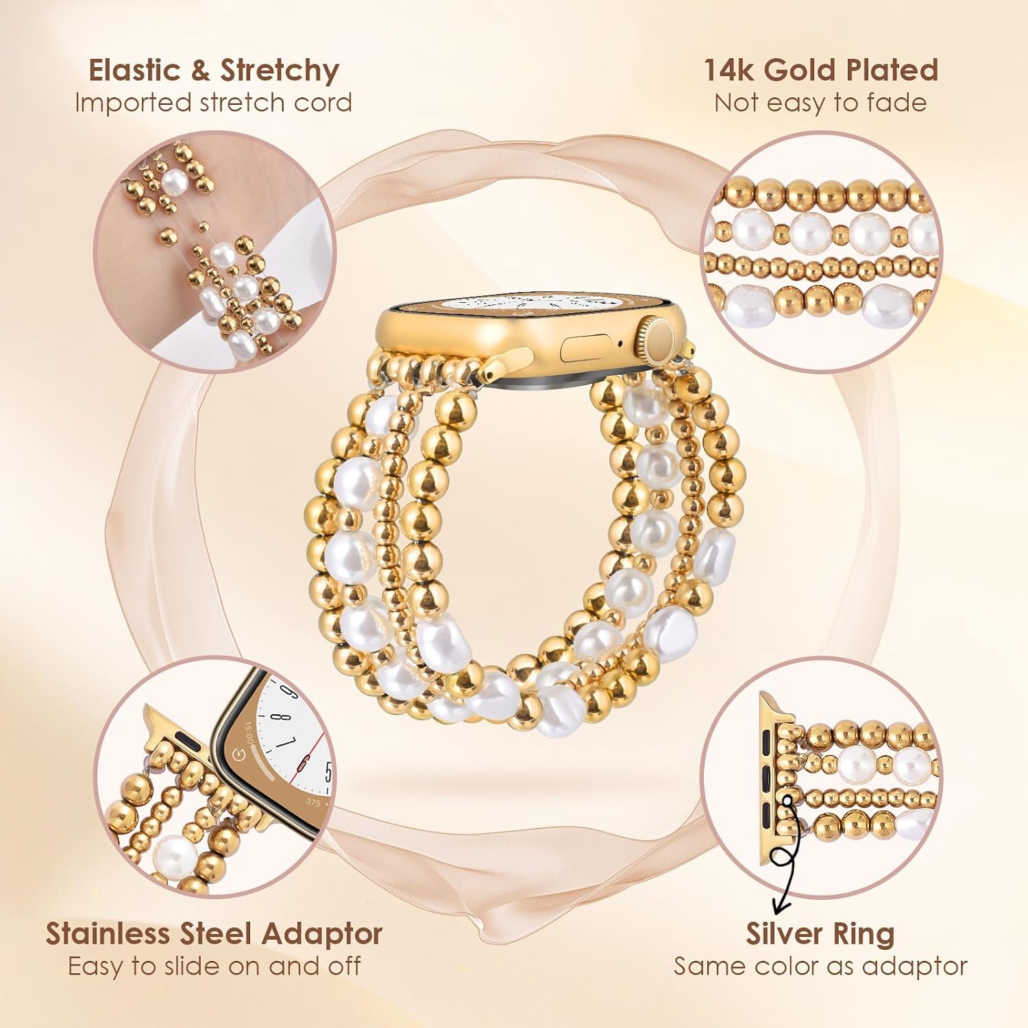 Detalle de V.R.HOPE Perlen-Armband für Apple Watch (44/45/46/49 mm) – elastisches Band mit Gold-Perlen