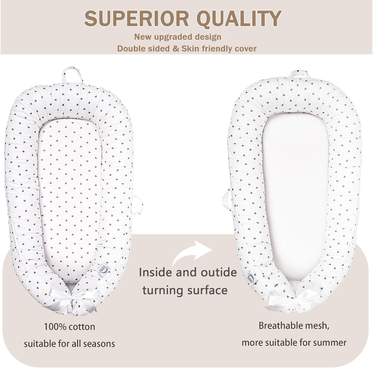 Thumbnail 4 de EAQ Baby Lounger Baby Nest for Co-Sleeping (0–12 months) in 100% cotton – White/Grey