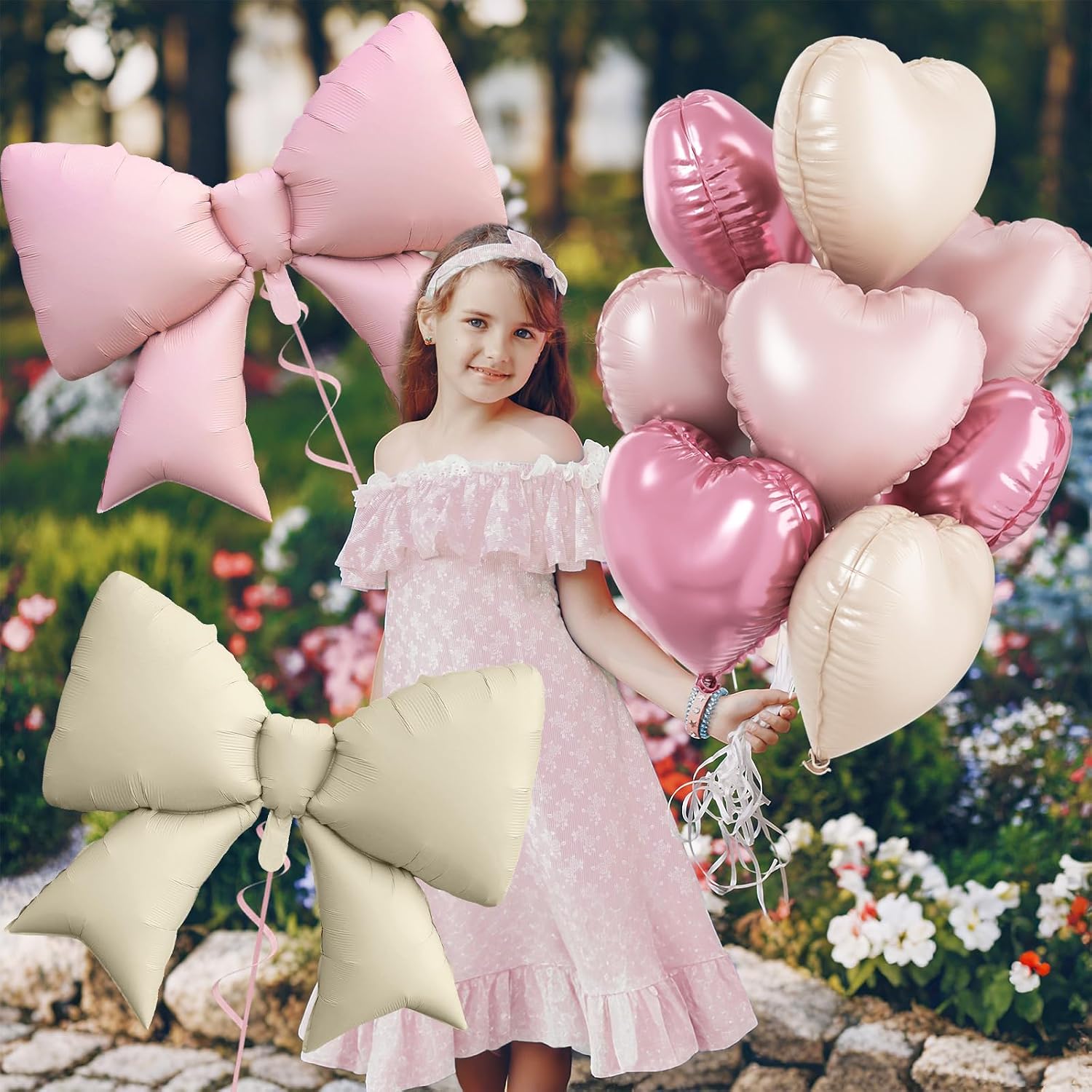 Thumbnail 4 de FunHot Pink White Heart Balloons & Cream Bow Foil Set (10 Pieces) for Birthdays, Valentine’s, and Weddings